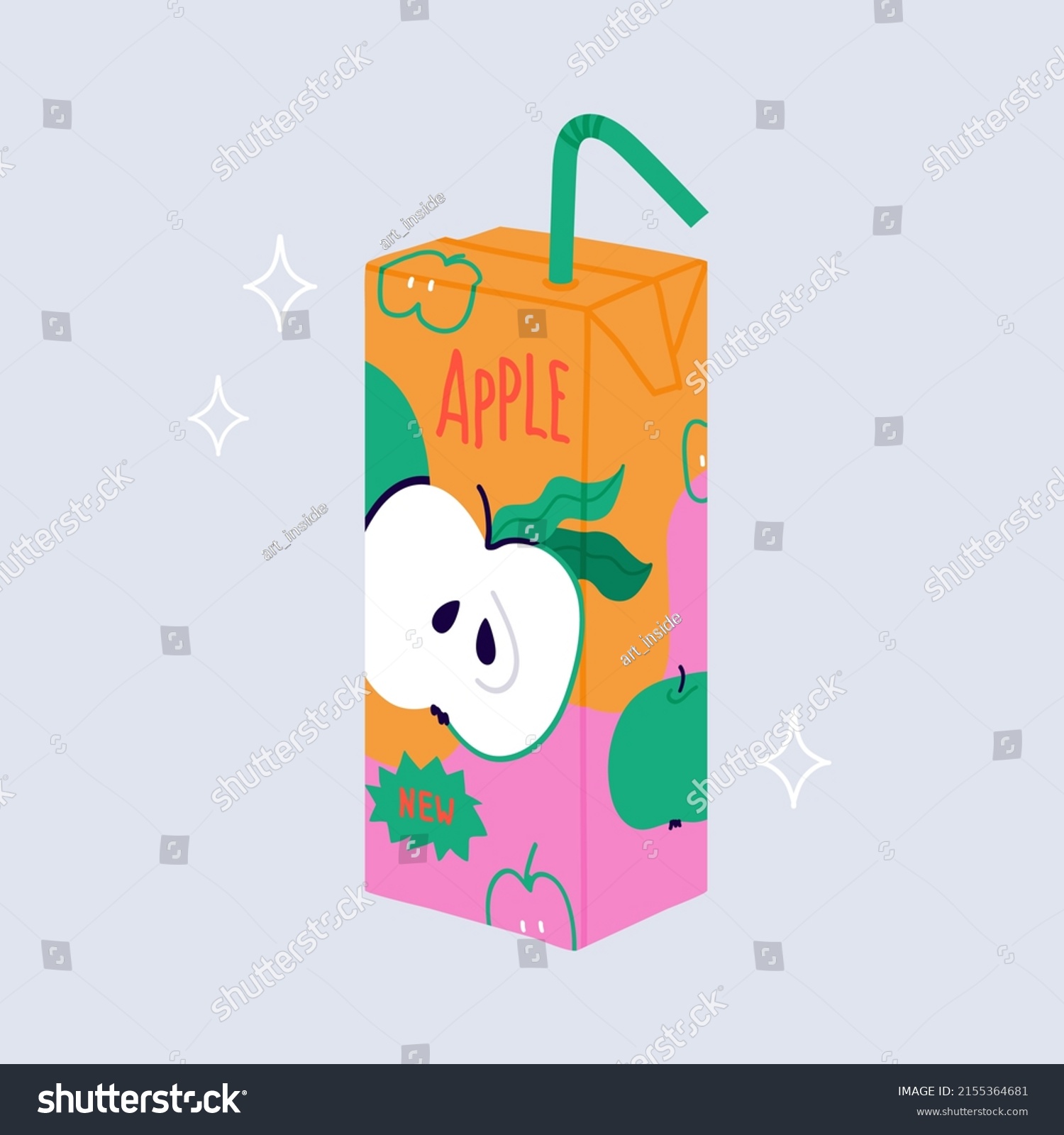 SVG of Apple juice box. Fresh drink in paper package with plastic pipe. Fruit water with sugar. Pop art vector illustration. Kawaii japanese cartoon style in pastel colors. All items isolated svg