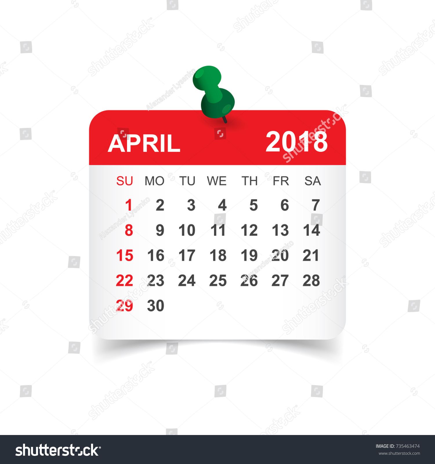 April 2018 Calendar Calendar Sticker Design Stock Vector (Royalty Free ...