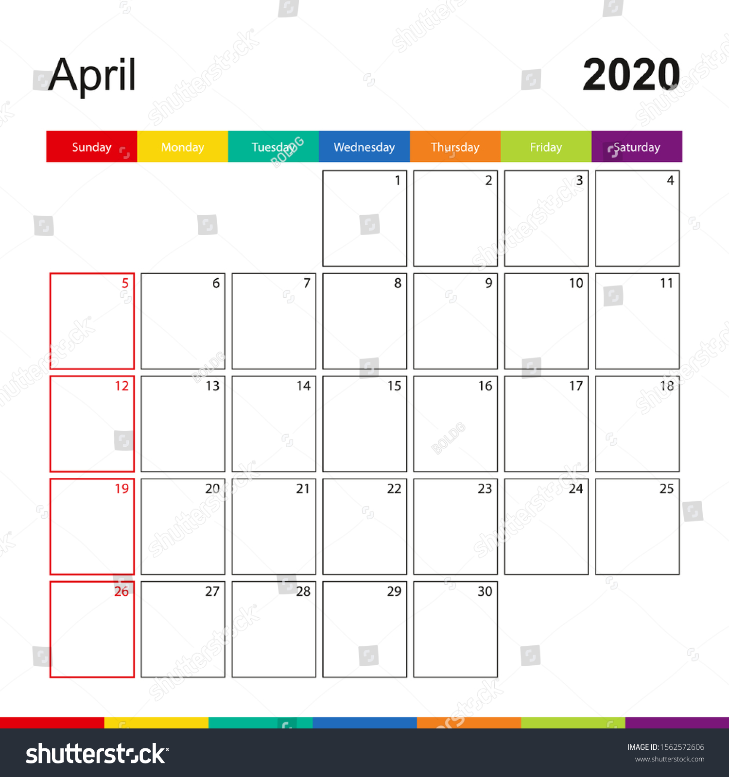 april 2020 colorful wall calendar week stock vector royalty free 1562572606 https www shutterstock com image vector april 2020 colorful wall calendar week 1562572606