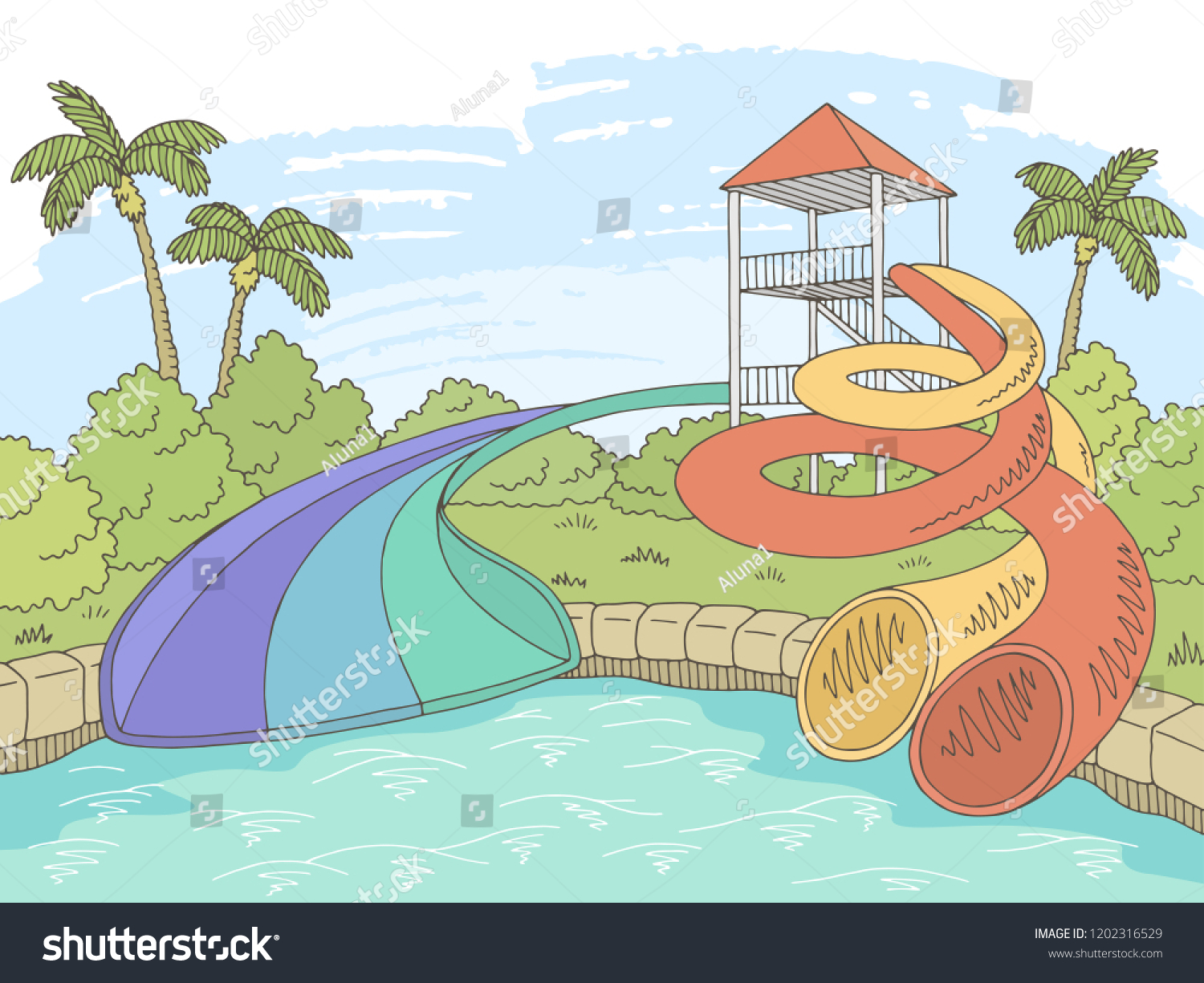 Aqua Park Graphic Color Sketch Illustration Stock Vector (Royalty Free ...