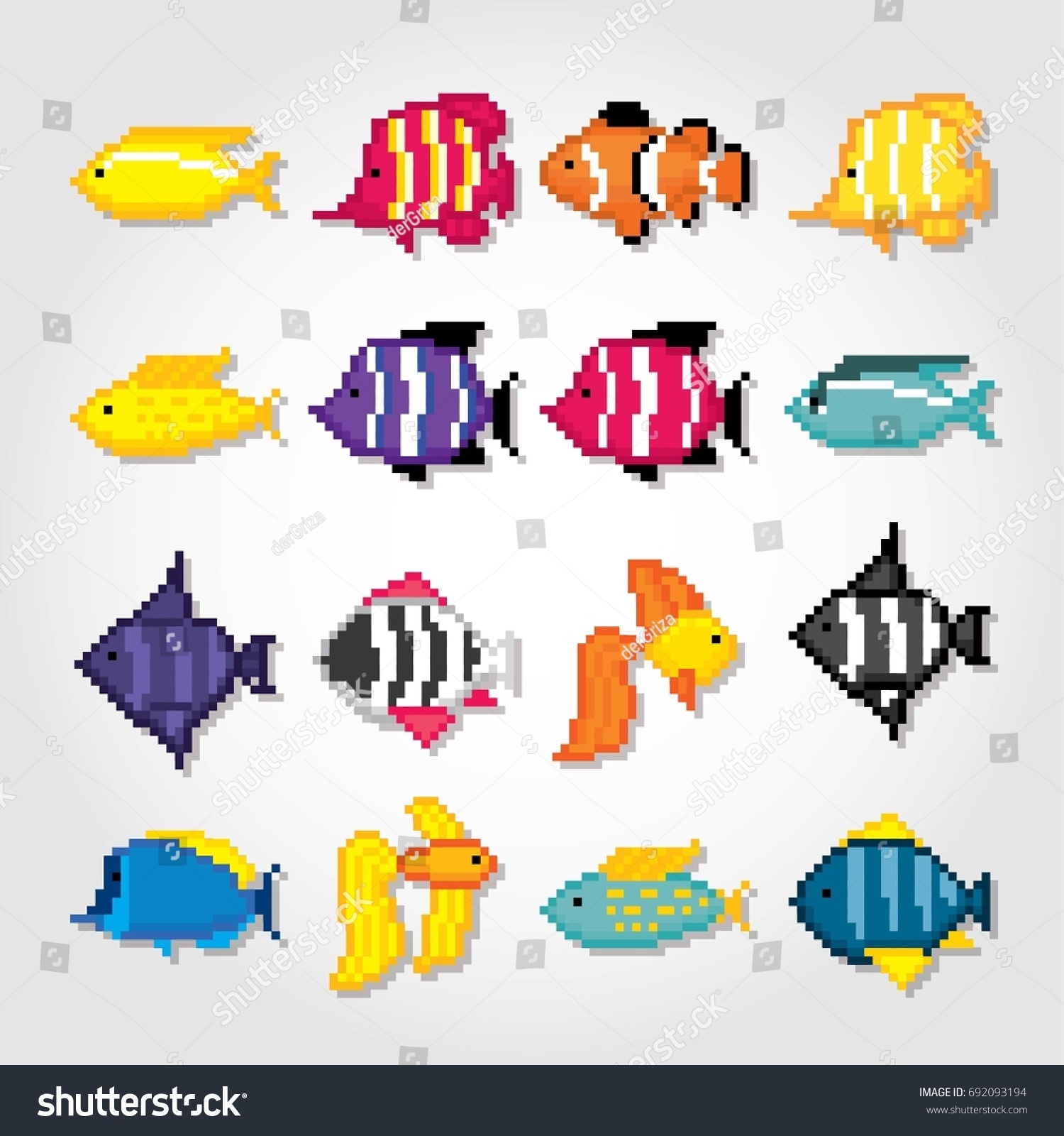 Aquarium Fish Icons Set Pixel Art Stock Vector (Royalty Free) 692093194