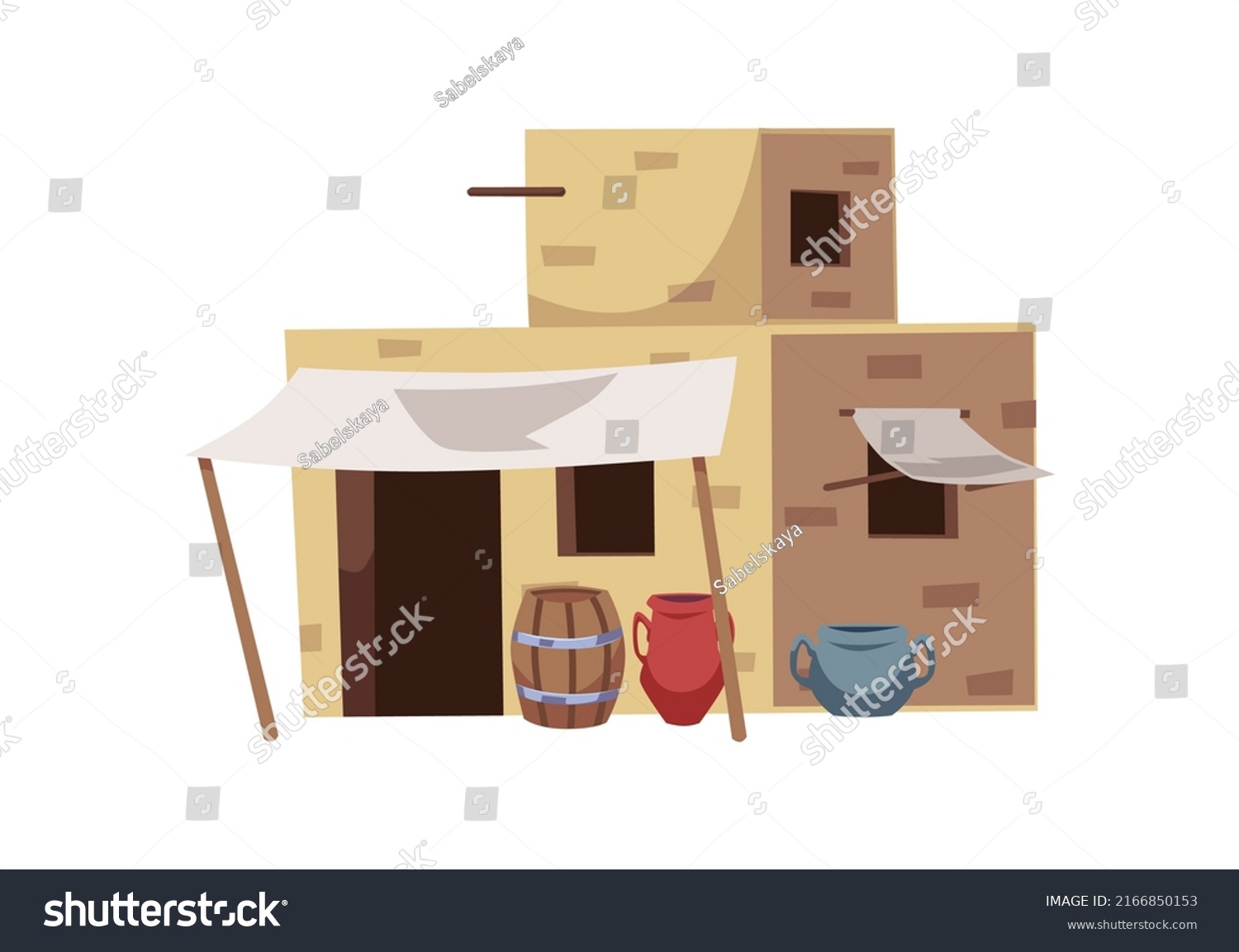 SVG of Arabian city building exterior, flat vector illustration isolated on white background. Traditional mud brick house with awnings and wooden barrels. Ancient Egypt residential or market buildings. svg