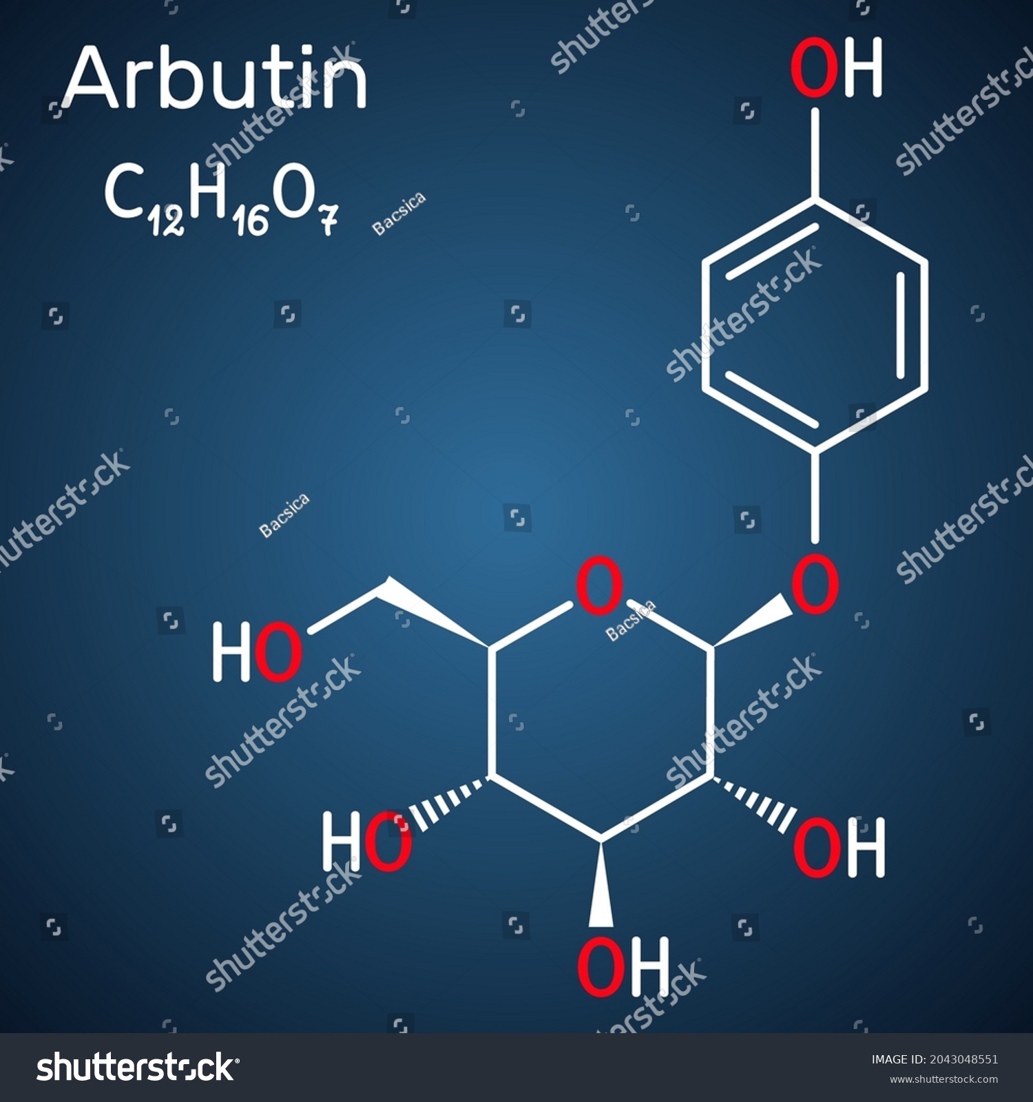 SVG of Arbutin, ursin, arbutoside, glycoside molecule. It is found in plants, preparations from them are used in medicine for diseases of bladder as antiseptic. Structural formula, dark blue background svg