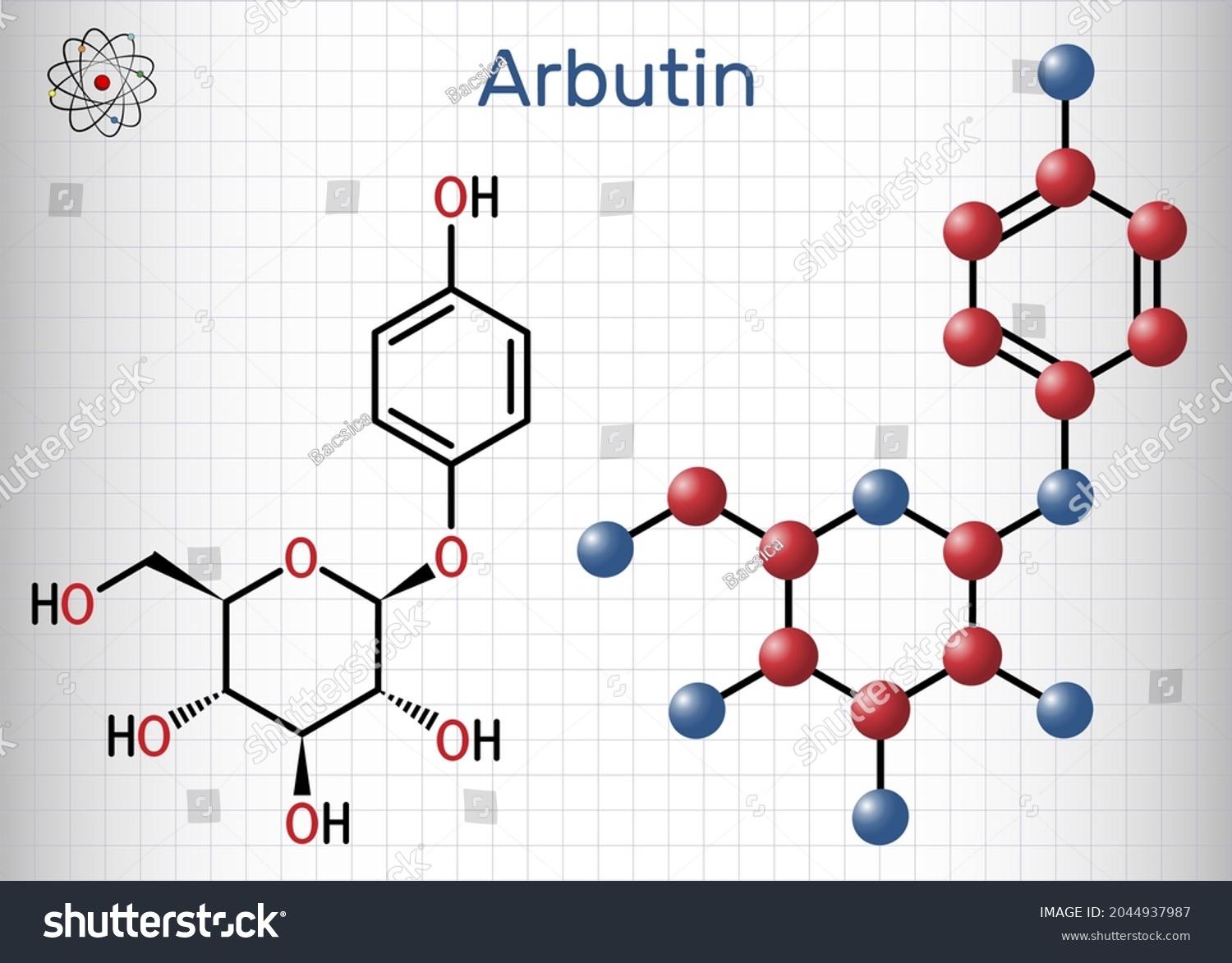 SVG of Arbutin, ursin, arbutoside, glycoside molecule. It is found in plants, preparations from them are used in medicine for diseases of bladder as antiseptic. Sheet of paper in a cage. Vector illustration svg