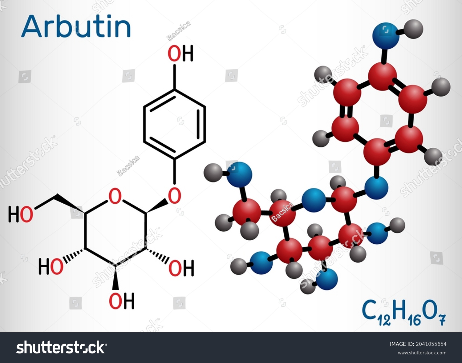 SVG of Arbutin, ursin, arbutoside, glycoside molecule. It is used in medicine for diseases of bladder as antiseptic. Structural chemical formula, molecule model. Vector illustration svg