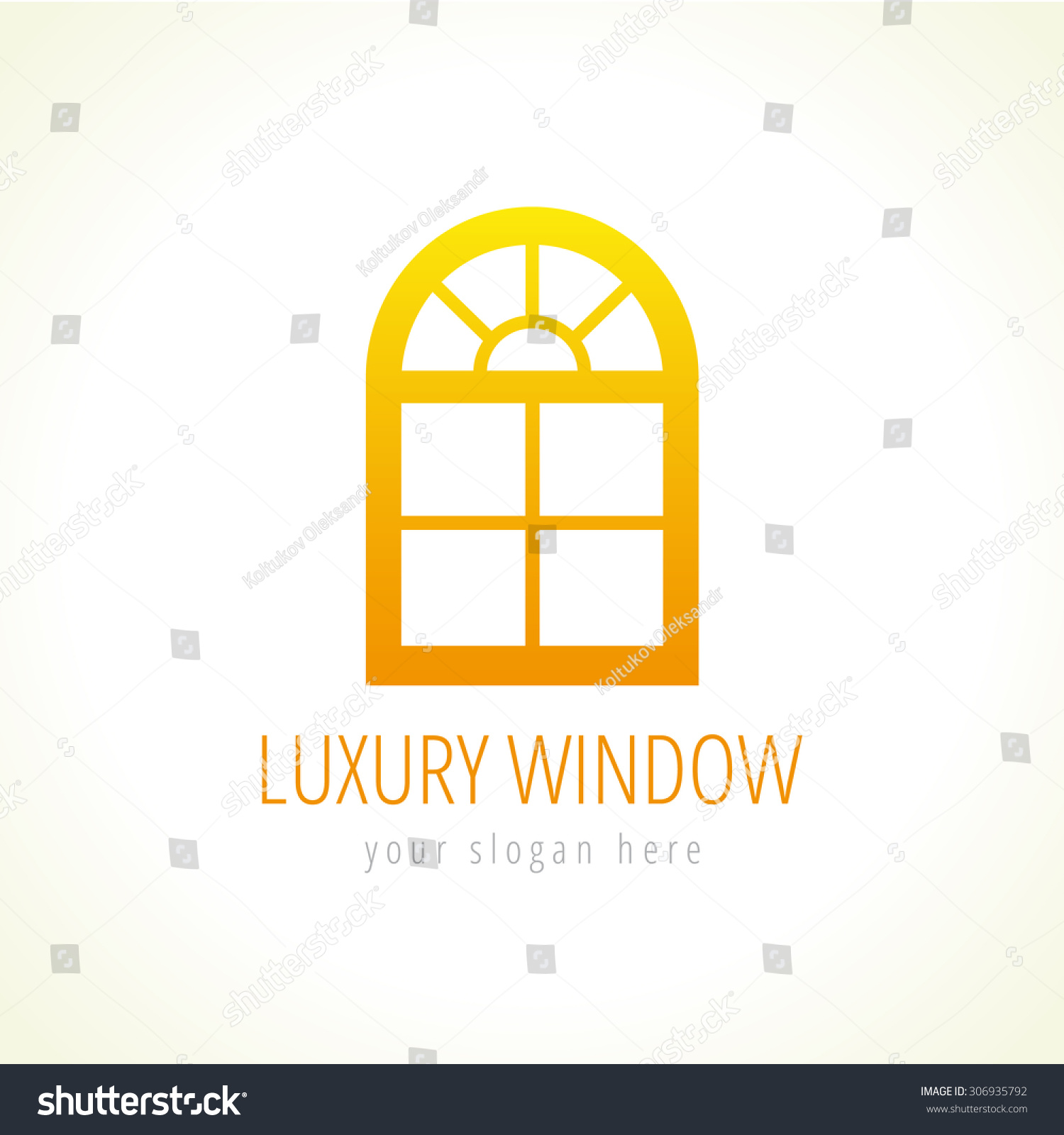 Arc Windowsのベクター画像ロゴ 抽象的なテンプレート アーチ型の装飾窓に建築会社を建設する金色の看板 豪華な窓やドアを従来のスタイルで購入または更新します のベクター画像素材 ロイヤリティフリー