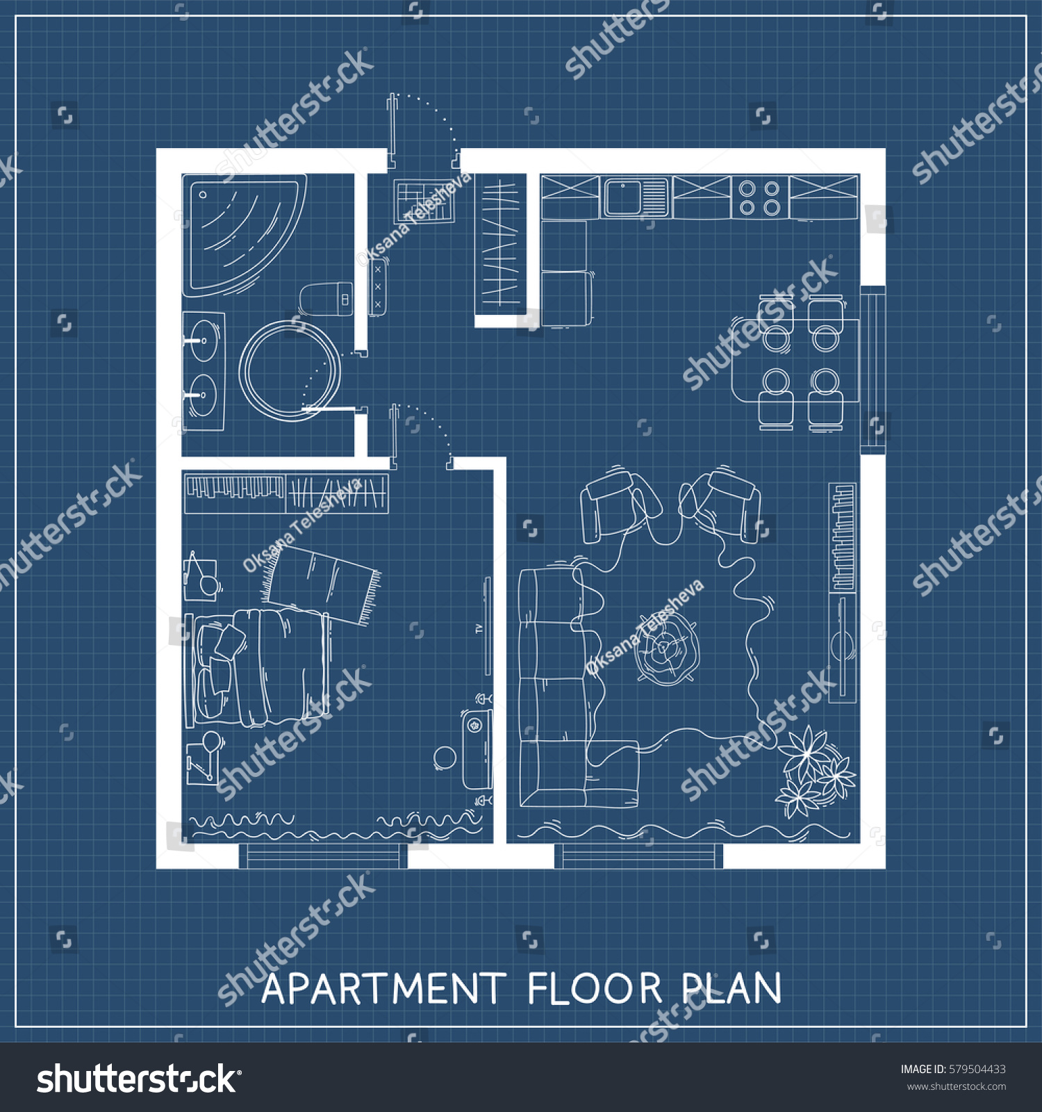 Architectural Blueprint Furniture Top View Stock Vector (Royalty Free ...