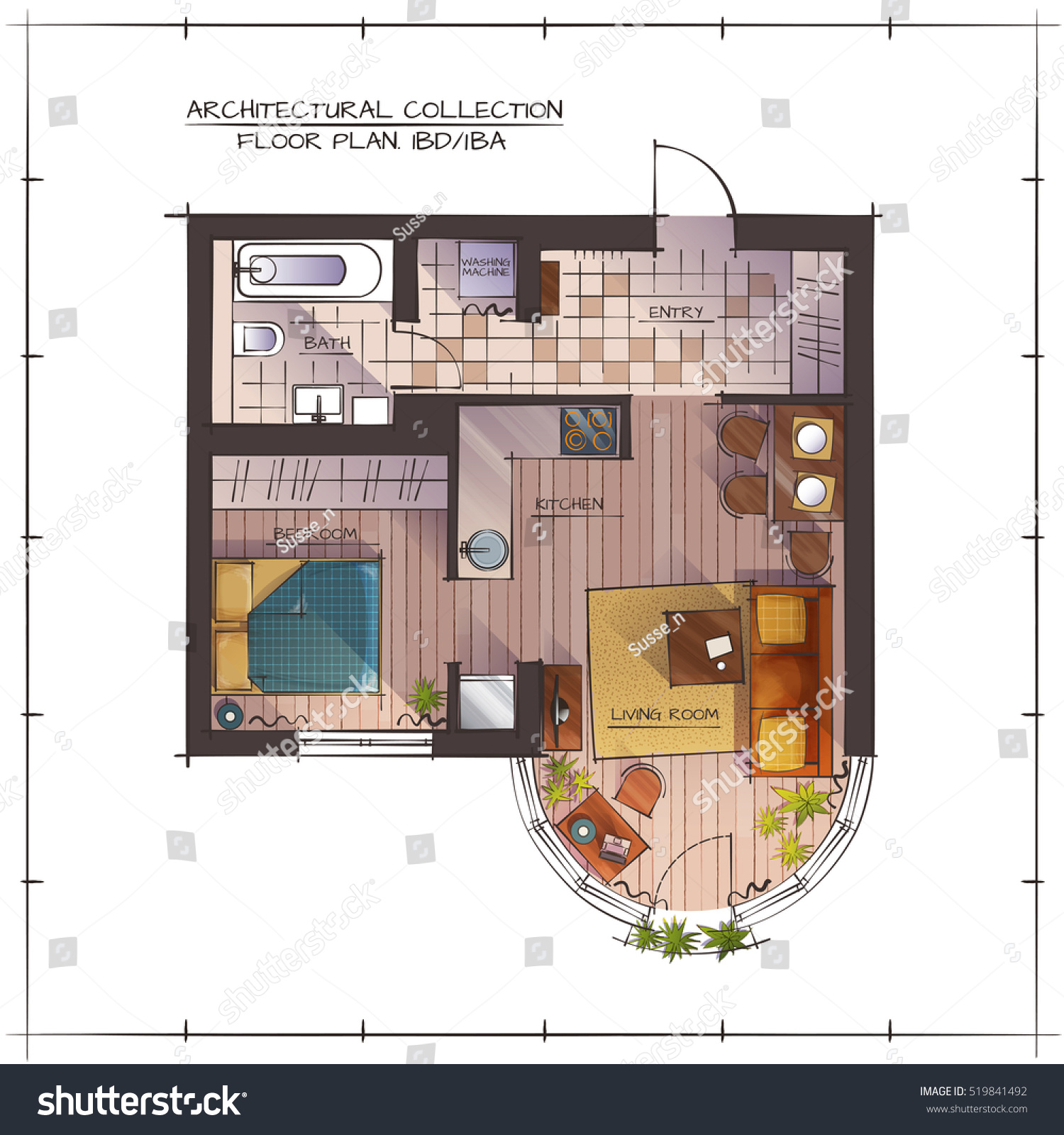 Architectural Color Floor Plan One Bedroom Stock Vector Royalty