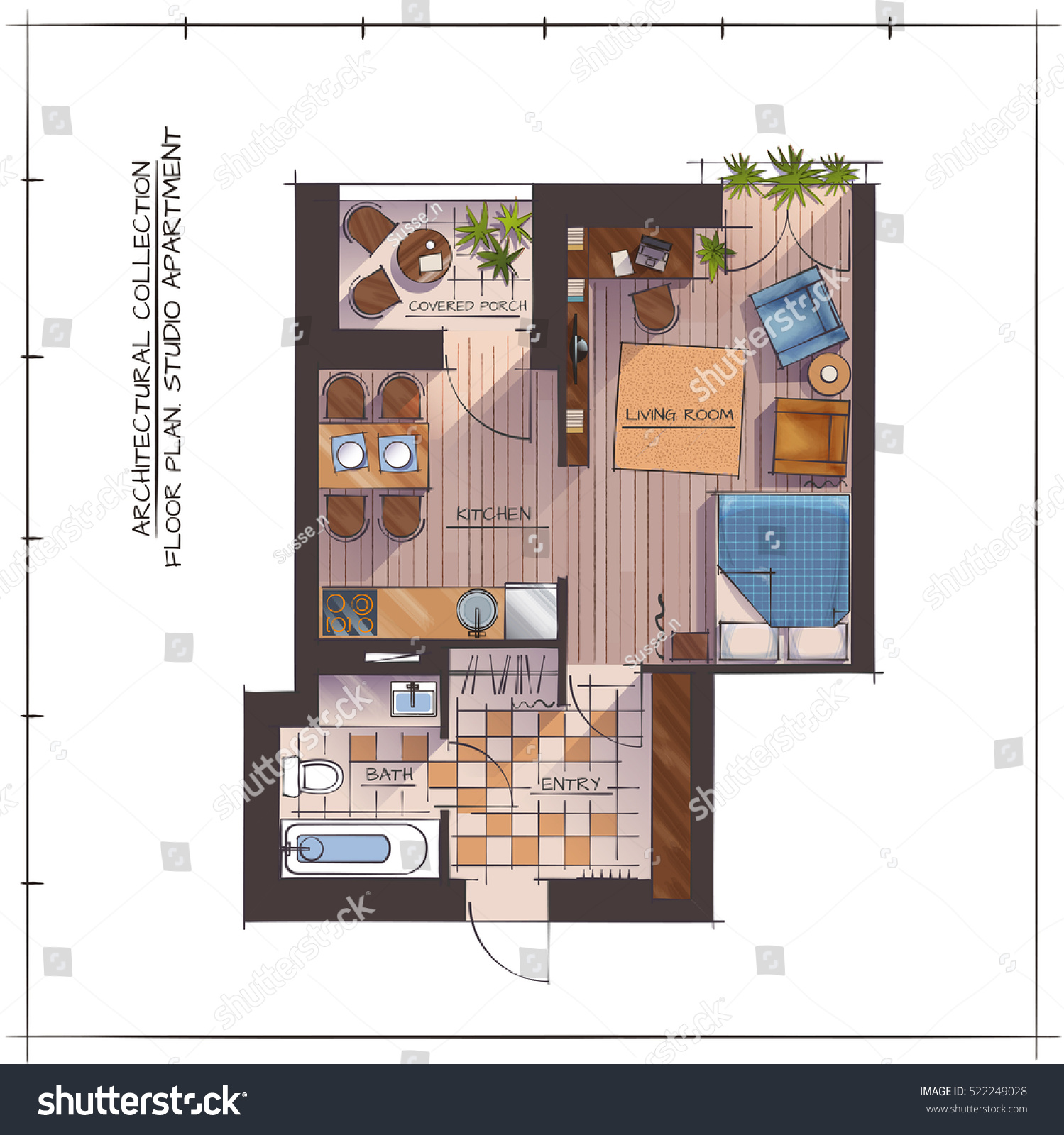 Architectural Color Floor Plan One Bedroom Stock Vector
