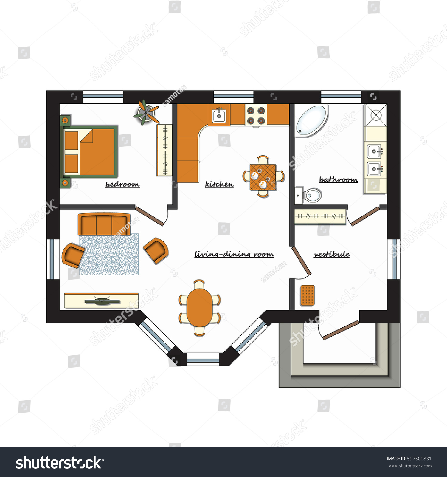 architectural color floor plan furniture top stock vector