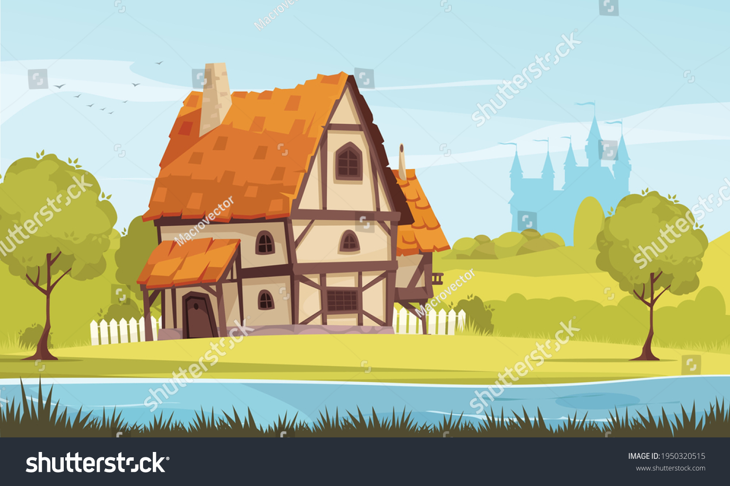 SVG of Architectural evolution cartoon image of medieval suburban cottage surrounded by nature with castle silhouette on background vector illustration svg