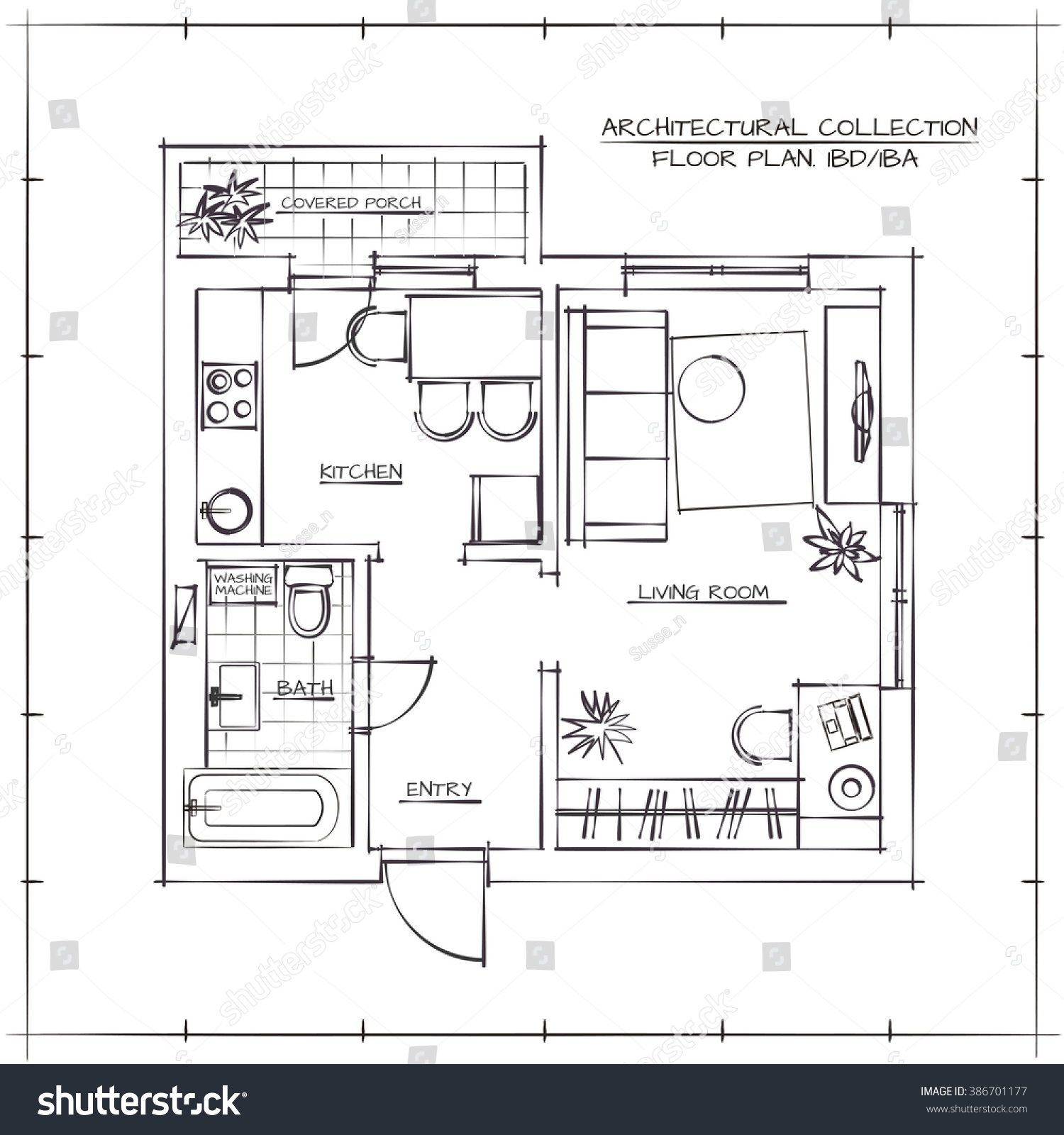 Architectural Hand Drawn Floor Plan Bedroom Stock Vector Royalty