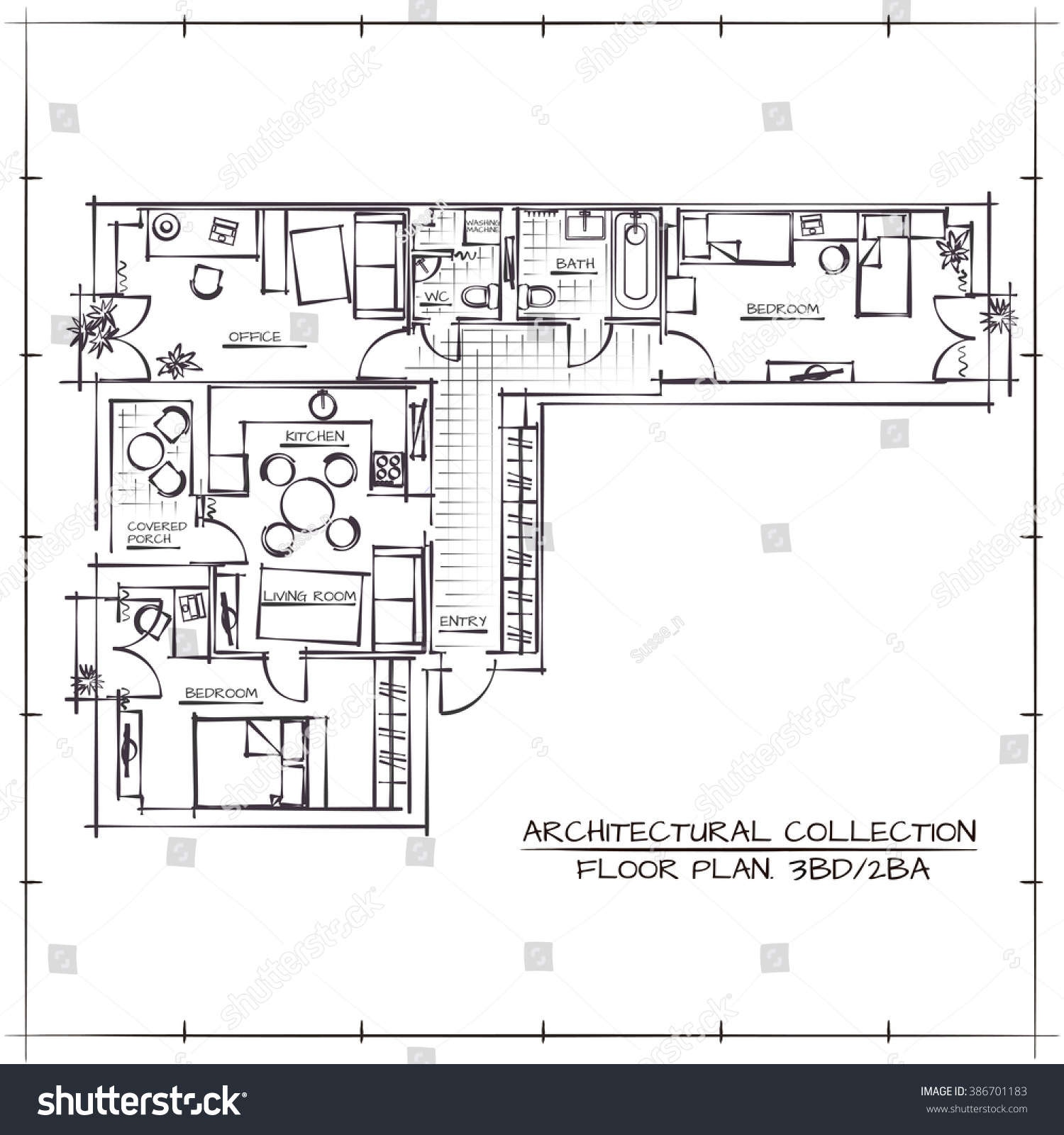 Architectural Hand Drawn Floor Planthree Bedrooms Stock Vector