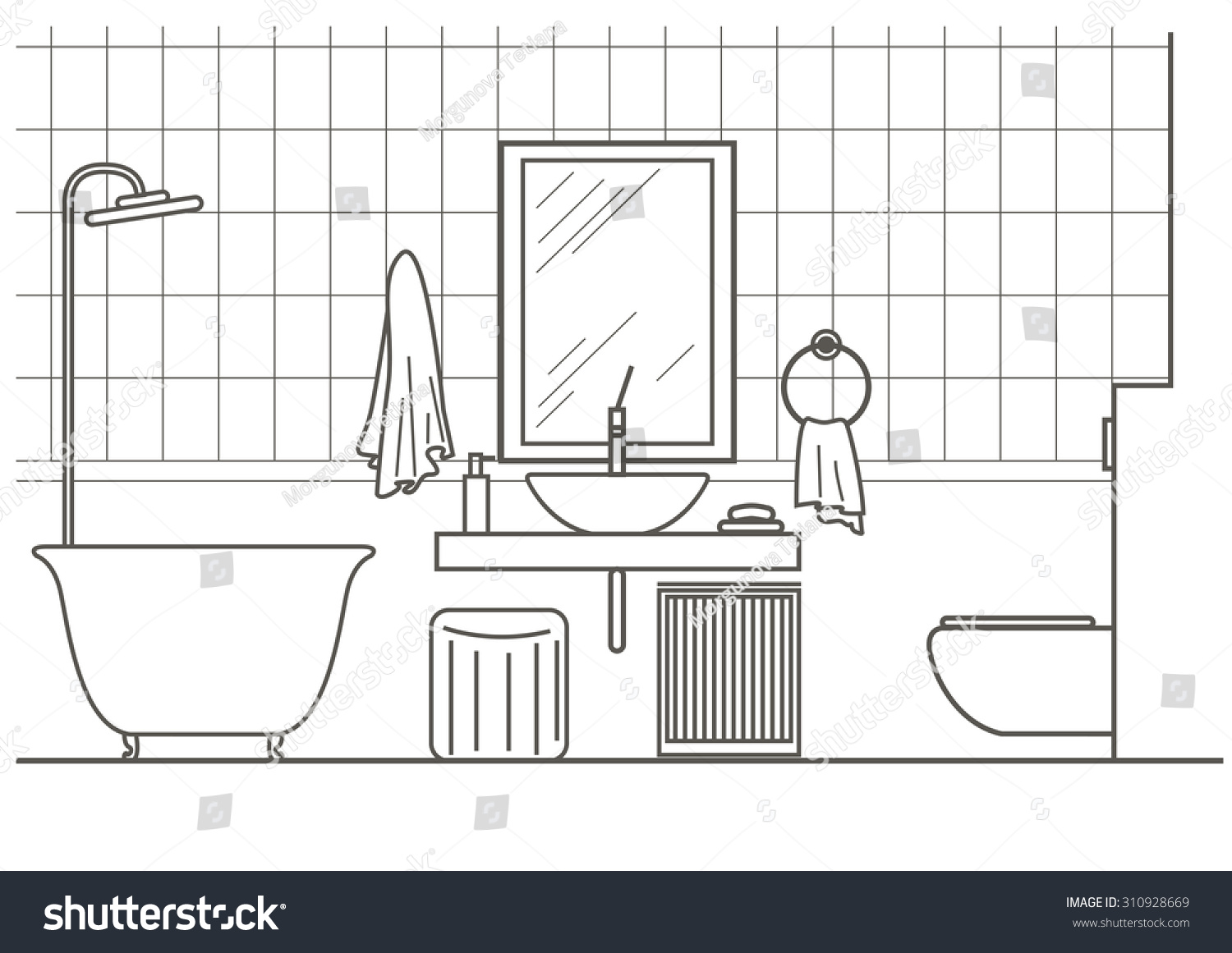 Architectural Linear Sketch Bathroom Interior Front View Stock Vector ...