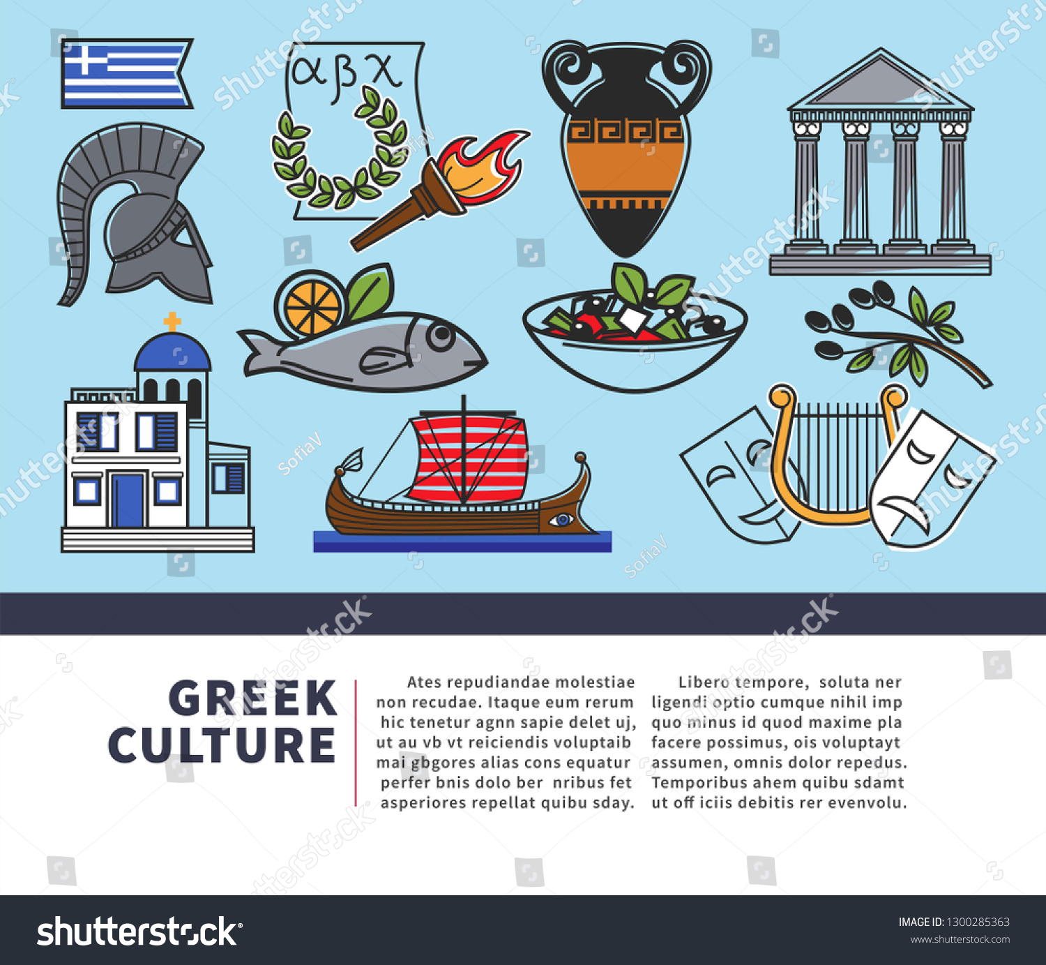 SVG of Architecture and food Greek culture symbols vector historic relics national flag and alphabet torch and laurel wreath amphora and pillars olives and salad fish and boat theatrical masks and church. svg