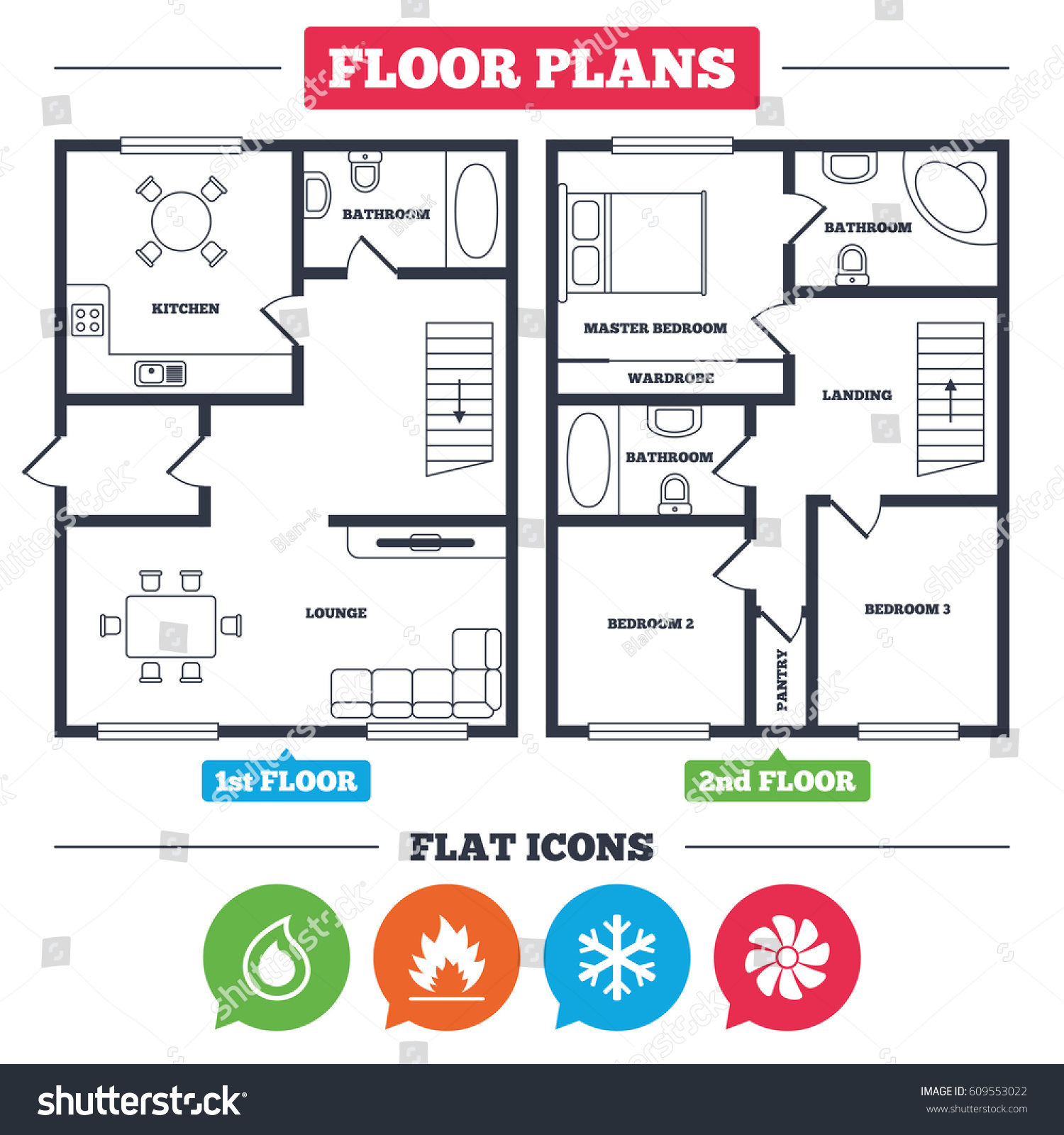 Architecture plan with furniture. House floor plan. HVAC icons. Heating, ventilating and
