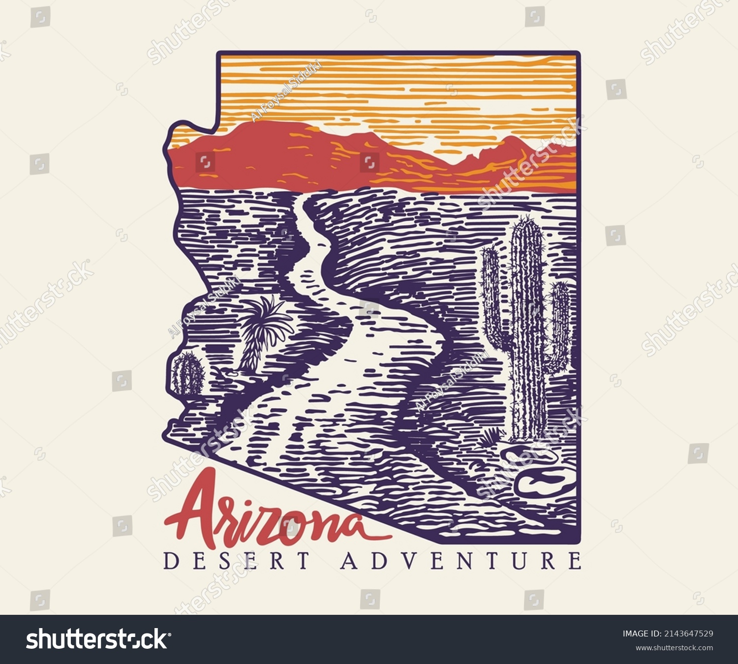 Arizona Desert Landscape Drawing Vector Print Stock Vector (Royalty