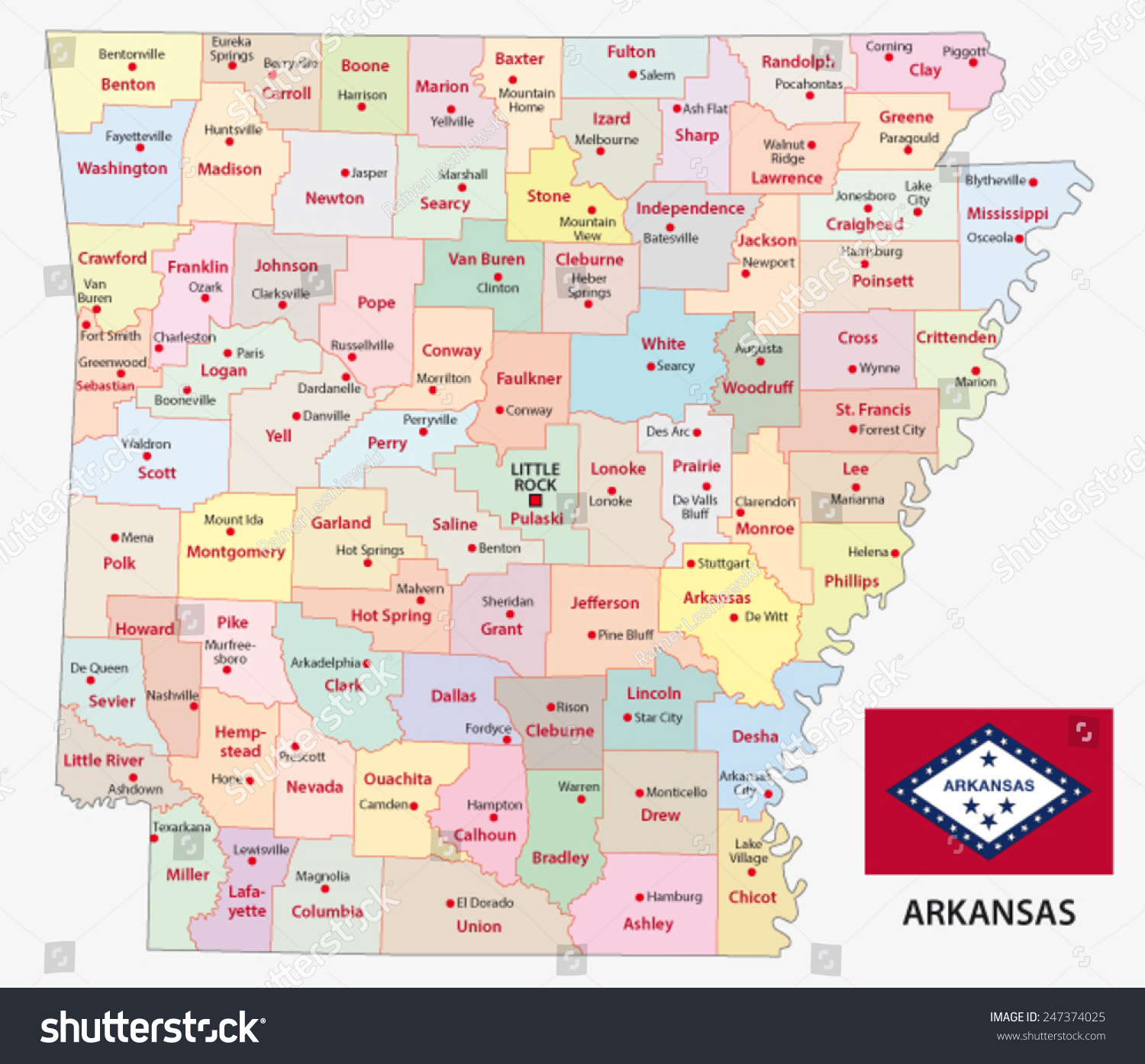 Stock Vector Arkansas Administrative Map With Flag 247374025 