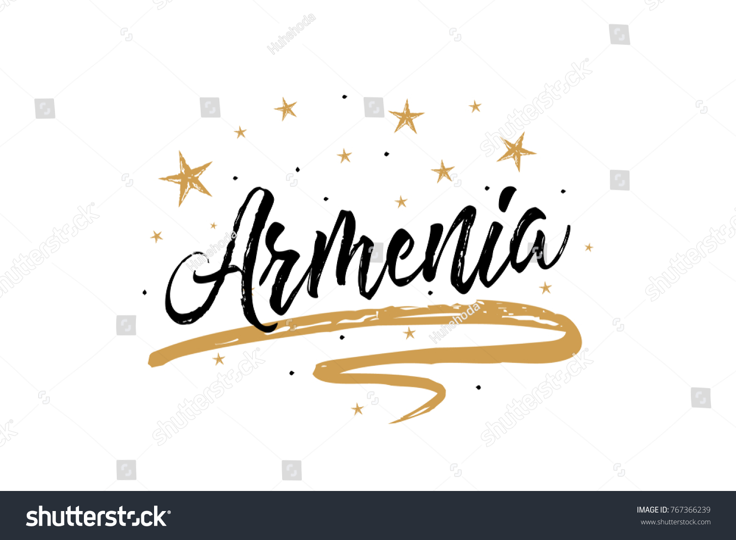 SVG of Armenia. Name country word text card, banner script. Beautiful typography inscription greeting calligraphy poster black, gold ribbon, star. Handwritten design modern brush lettering isolated vector svg