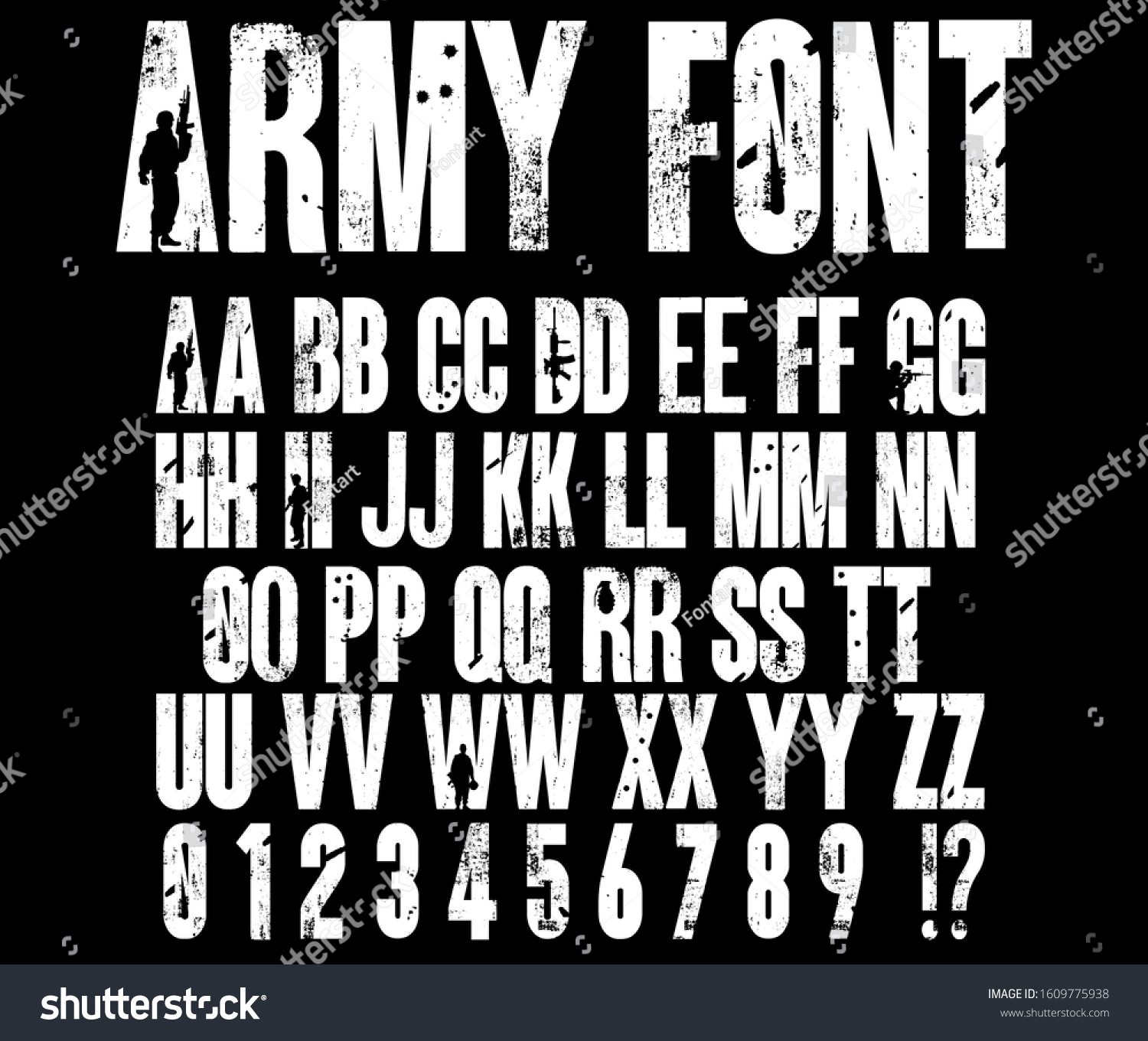 SVG of Army font vector. Silhouettes of soldiers on the background distressed letters and numbers. svg