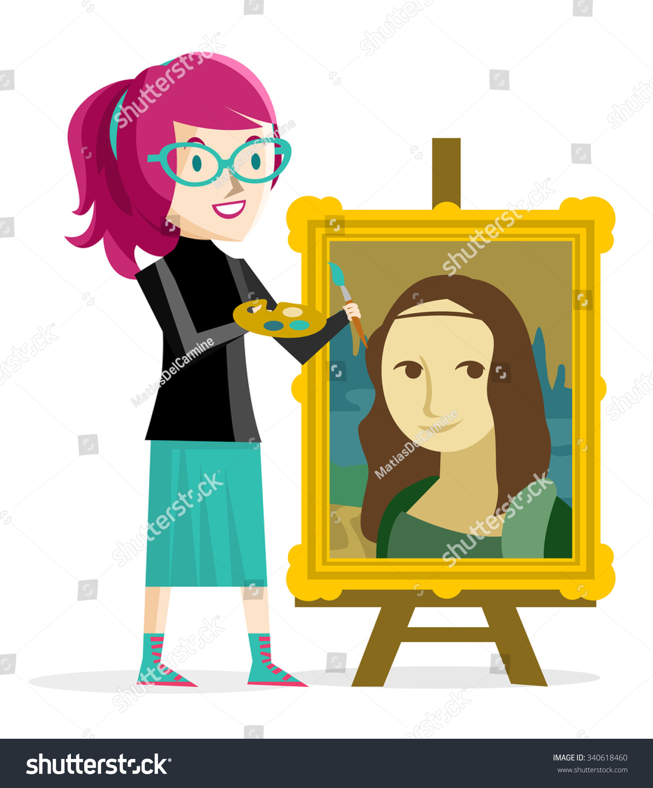 Artist Girl Painting The Mona Lisa Portrait Stock Vector Illustration ...