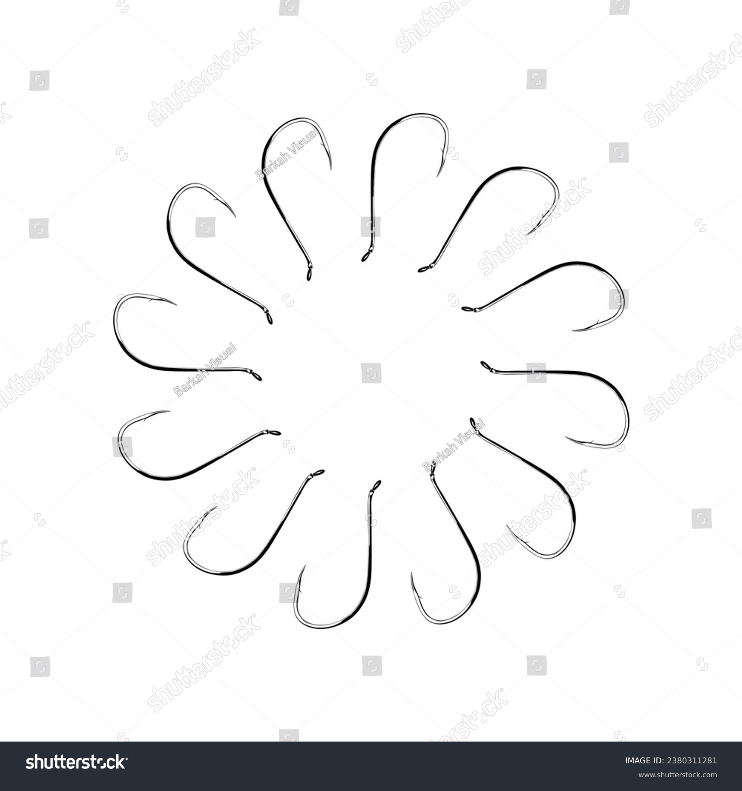 recommend clip art: Artistic Circle Shape Created from Fishing Hook Silhouette Composition, can use for Logo Gram, Decoration, Ornate, Art Illustration or Graphic Design Element. Vector Illustration