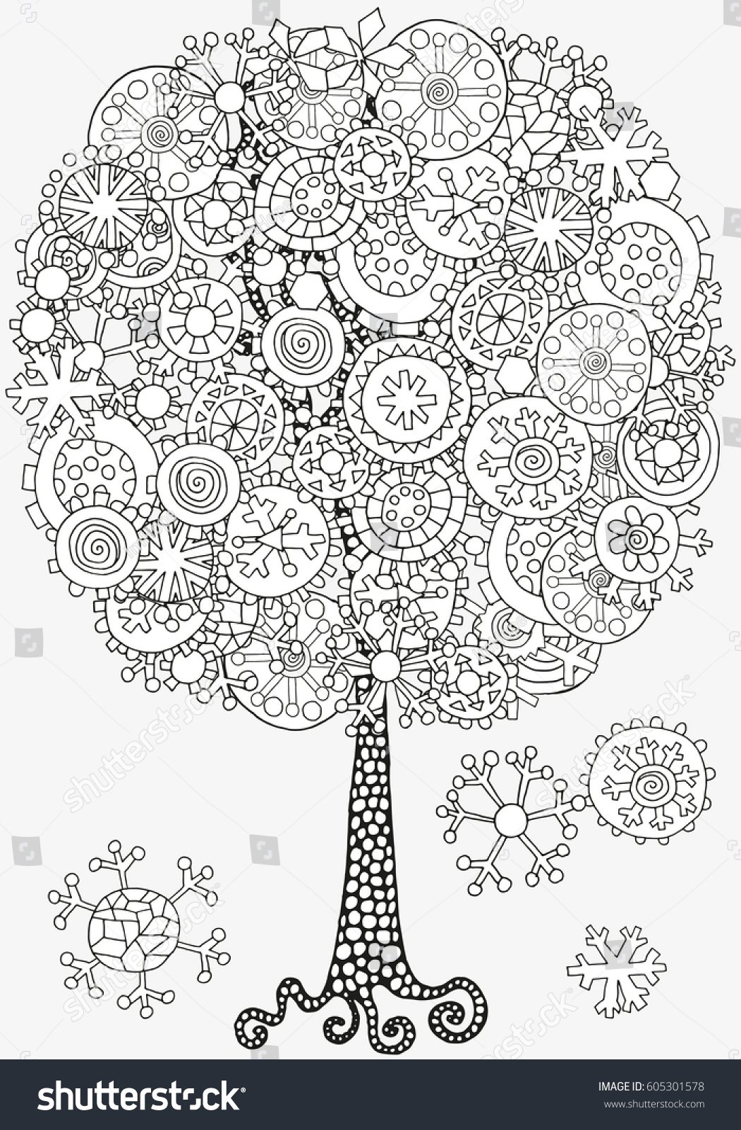 Artistic tree with winter Christmas snowflakes Pattern for coloring book Hand drawn doodle