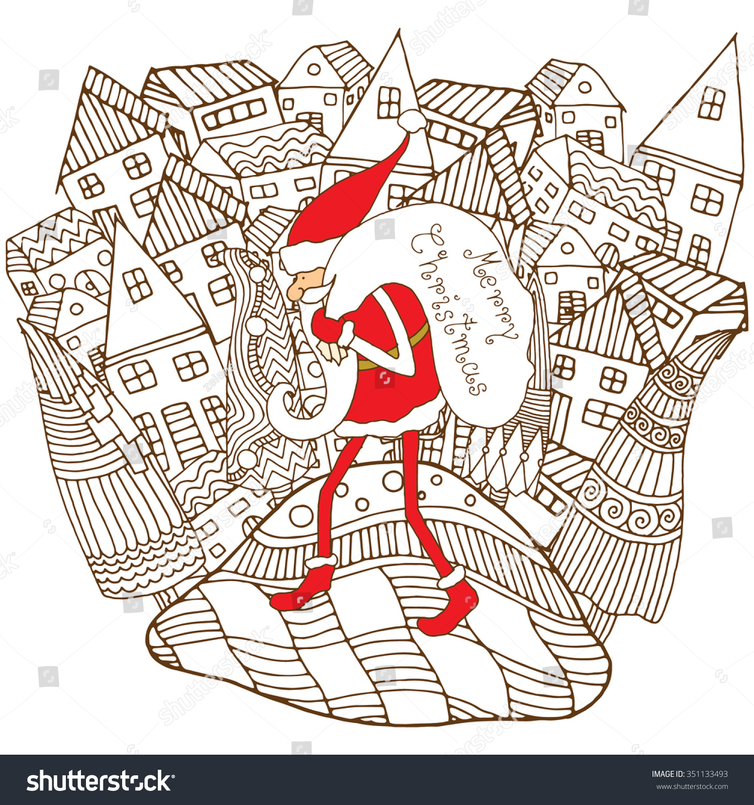 Artistically winter christmas ethnic pattern with Xmas trees Santa and houses Pattern
