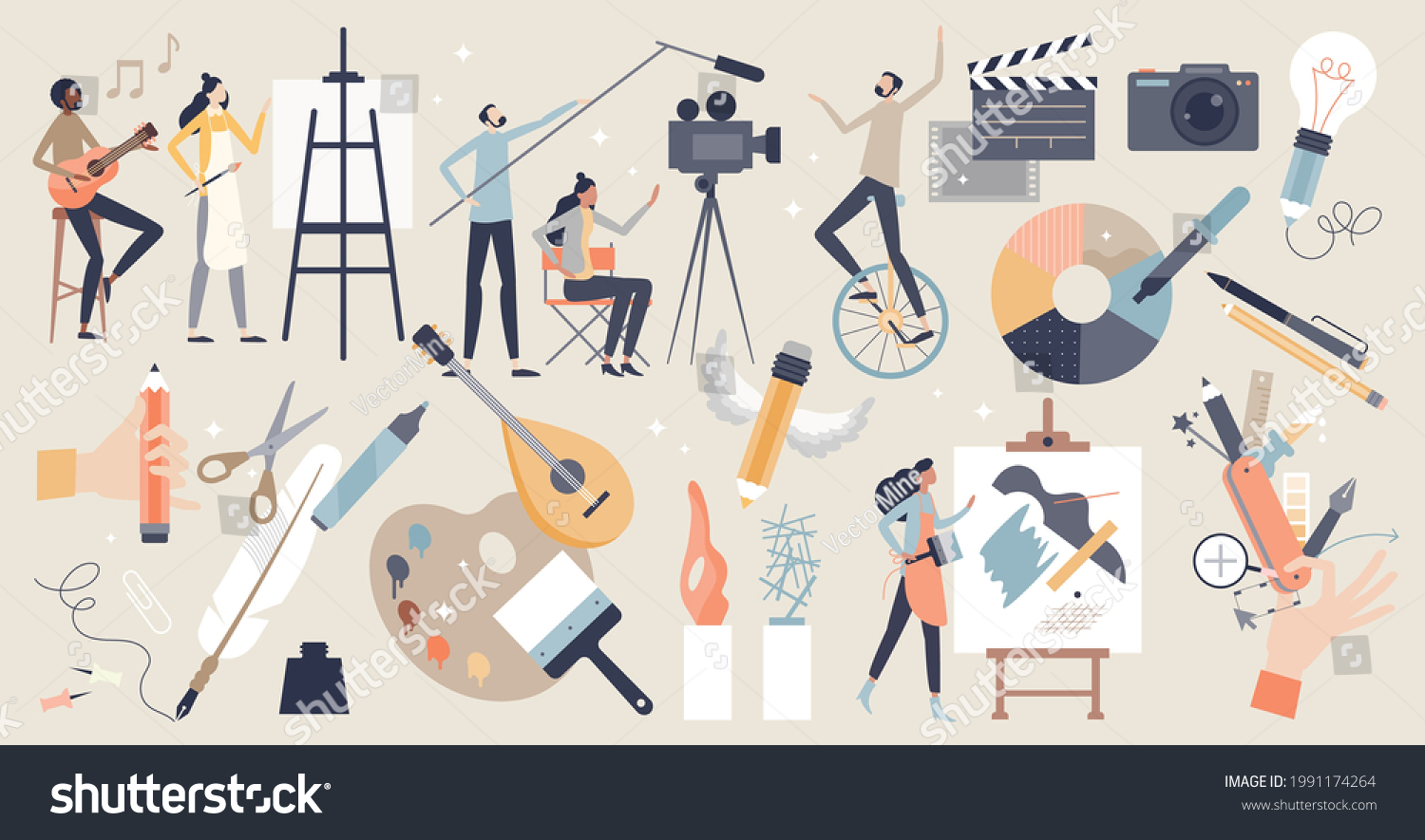 SVG of Arts set as professional creative entertainment theme items tiny person concept. Isolated elements with painting, cinematography, photography, music and literature fields symbols vector illustration. svg