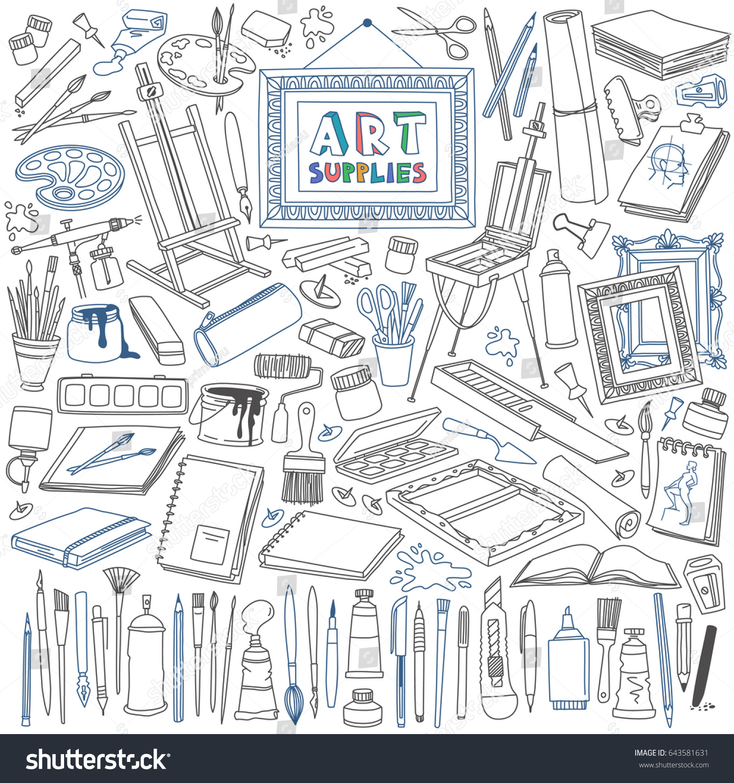 Arts Supplies Doodle Set Drawing Painting Stock Vector Royalty Free