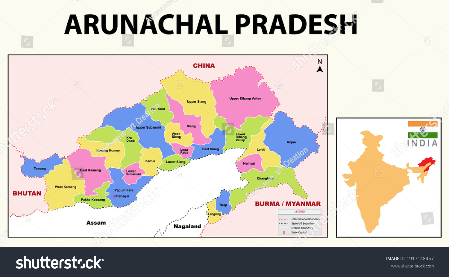 Political Map Of Arunachal Pradesh Arunachal Pradesh Map Showing State Boundary Stock Vector (Royalty Free)  1917148457 | Shutterstock