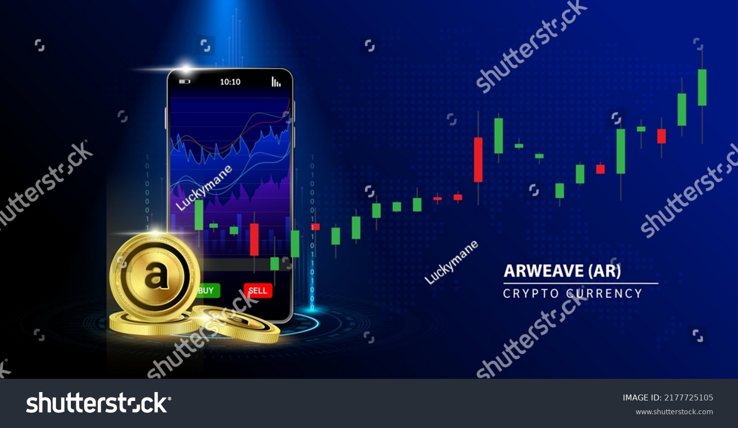 SVG of Arweave (AR) coin gold Online payment. Hand holding smartphone money  payment app bank. Secure mobile banking finance concept Blue background vector illustration. 3D Cryptocurrency blockchain. svg
