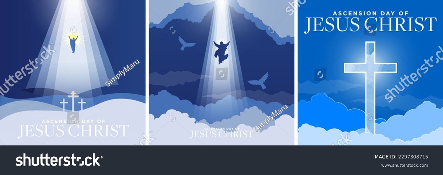 SVG of Ascension day of Jesus Christ Greeting Card Poster Set in blue monochromatic color. Jesus rising to heaven in heavenly light above surrounded by clouds. Big cross in watercolor.  Vector Illustration.  svg