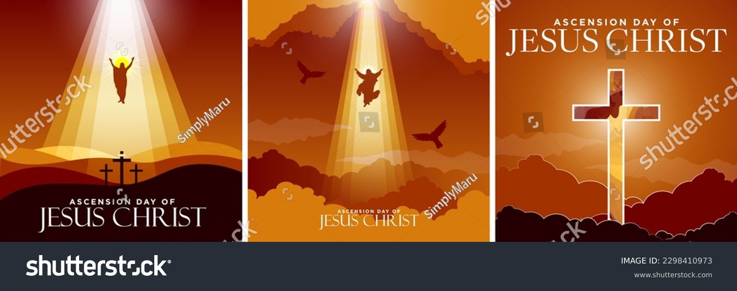 SVG of Ascension day of Jesus Christ Greeting Card Poster Set in solemn sunset colors. Jesus rising to heaven in heavenly light above surrounded by clouds. Big cross in watercolor.  Vector Illustration.  svg