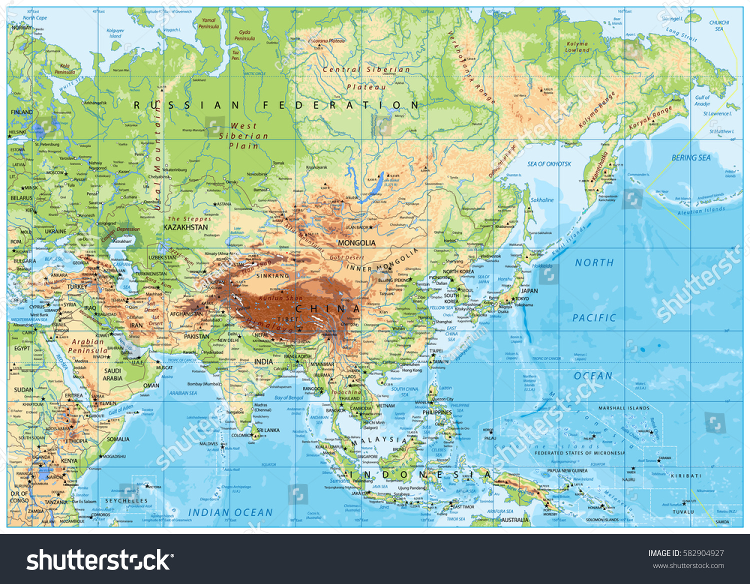 Asia Physical Map Rivers Lakes Elevations Stock Vector 582904927 ...