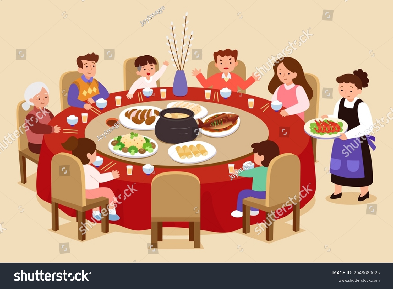 SVG of Asian family group having reunion dinner on the round table at a restaurant on beige background svg