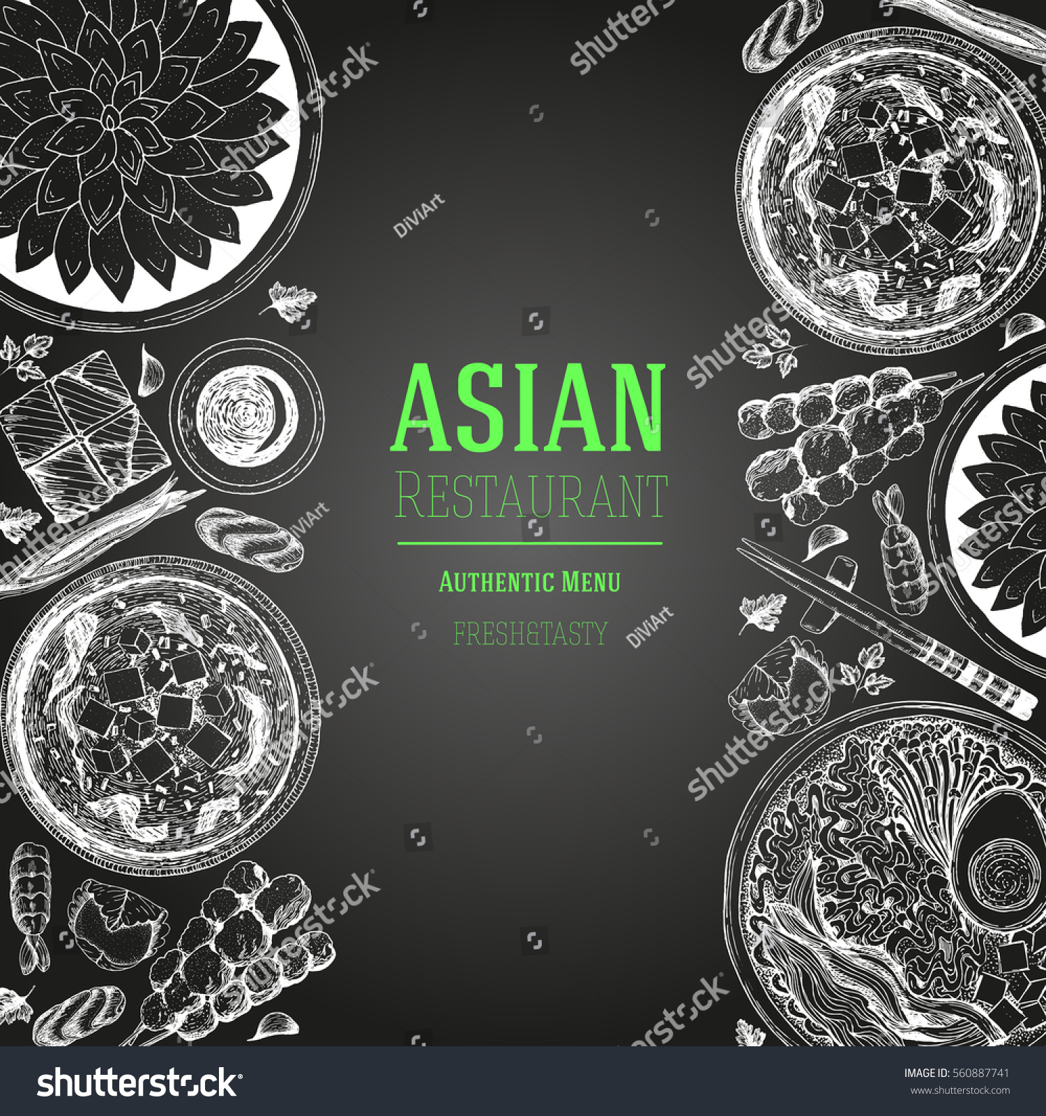 Asian food frame. Design template with ramen, soup miso, sashimi and ...