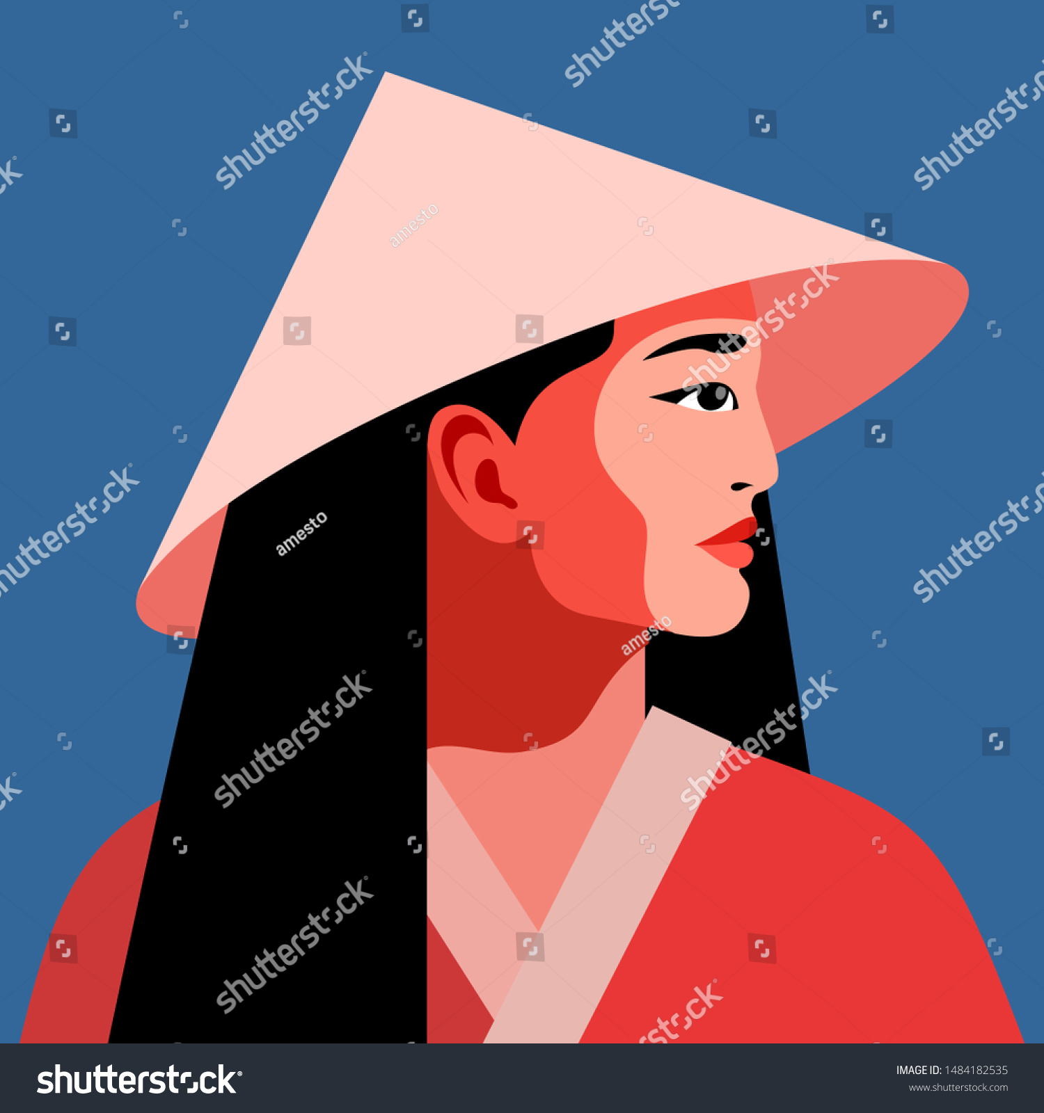 国民的な円錐形の麦わら帽子をかぶったアジア人の女の子 女性のポートレート 側面図 ベクターイラスト のベクター画像素材 ロイヤリティフリー