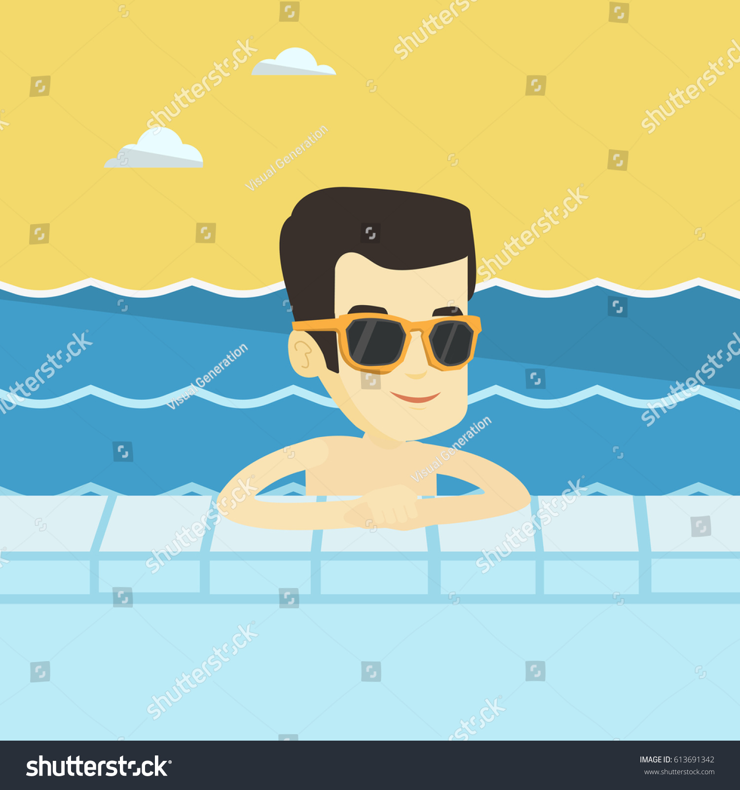 Asian Smiling Man Relaxing Swimming Pool Stock Vector (Royalty Free ...