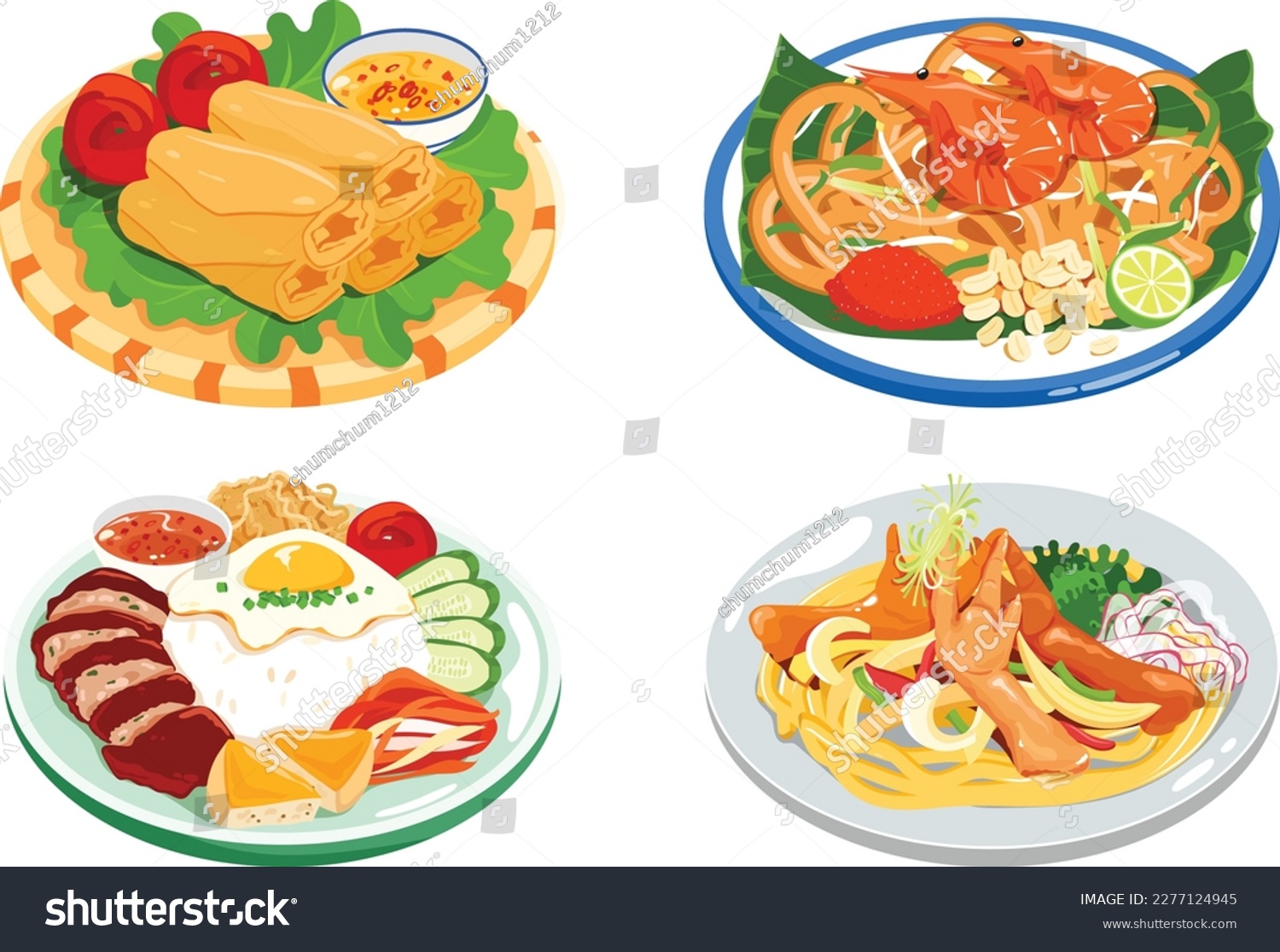SVG of Asian traditional food collection spring roll pad thai broken rice chicken feet svg