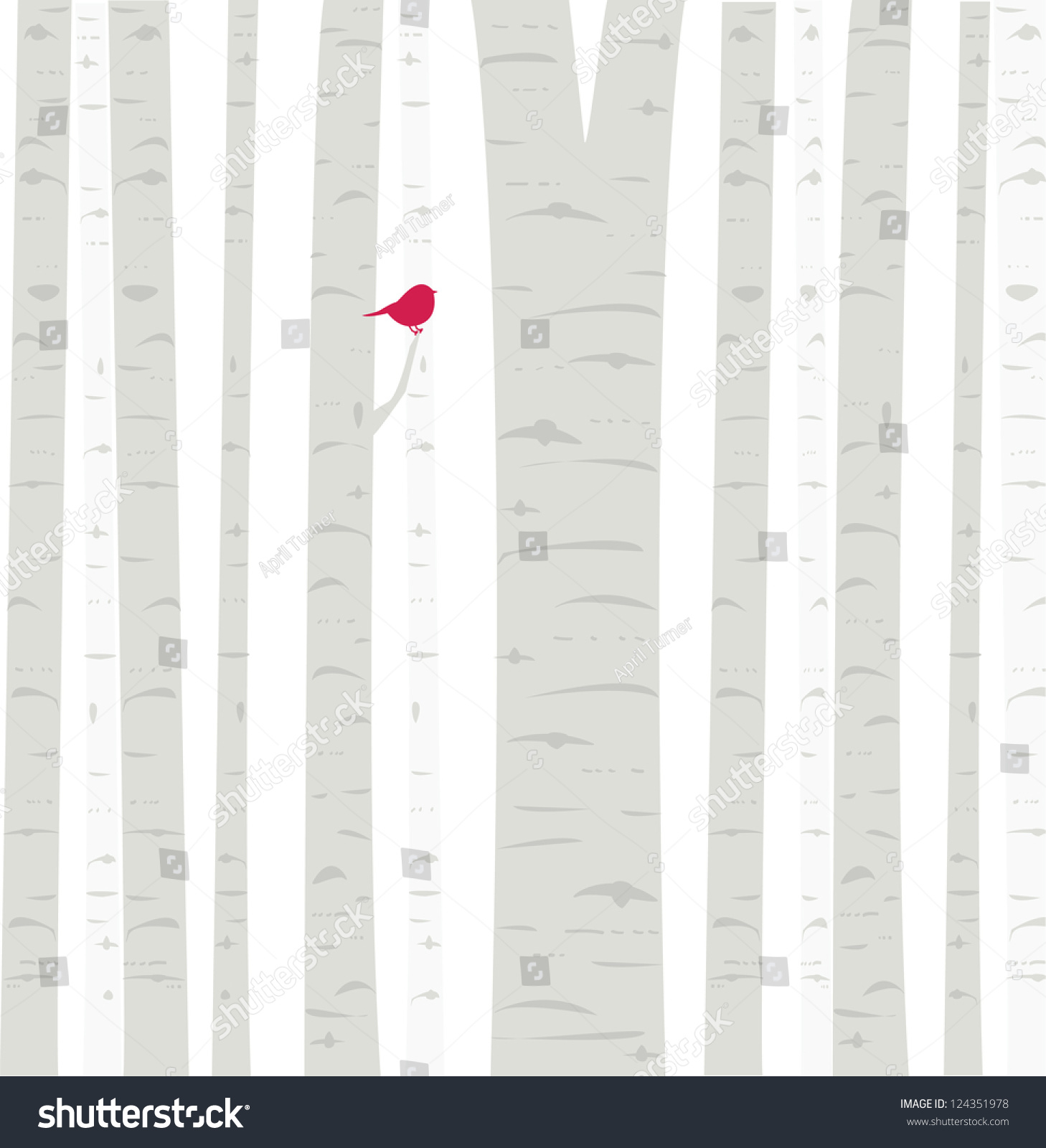 SVG of Aspen Birdie: a little red birdie perches among the trees in an Aspen grove. Fully editable vector illustration. svg