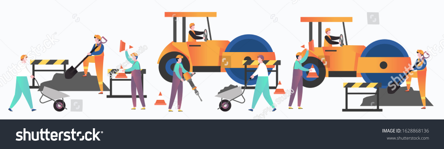 SVG of Asphalt paving and repair services set, vector illustration. Male characters workers driving yellow asphalt compactor roller, working with jackhammer wheelbarrow shovel. Asphalt pavement installation. svg