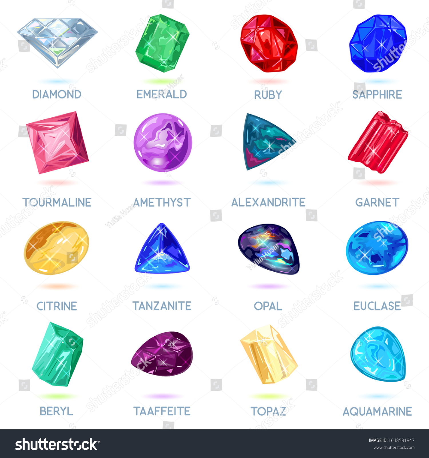 SVG of Assortment of jewelry, gem shop. Big vector set with red, yellow, pink, blue, green, purple minerals, gemstones: diamond, emerald, ruby, sapphire, tourmaline, amethyst, alexandrite, garnet, citrine. svg