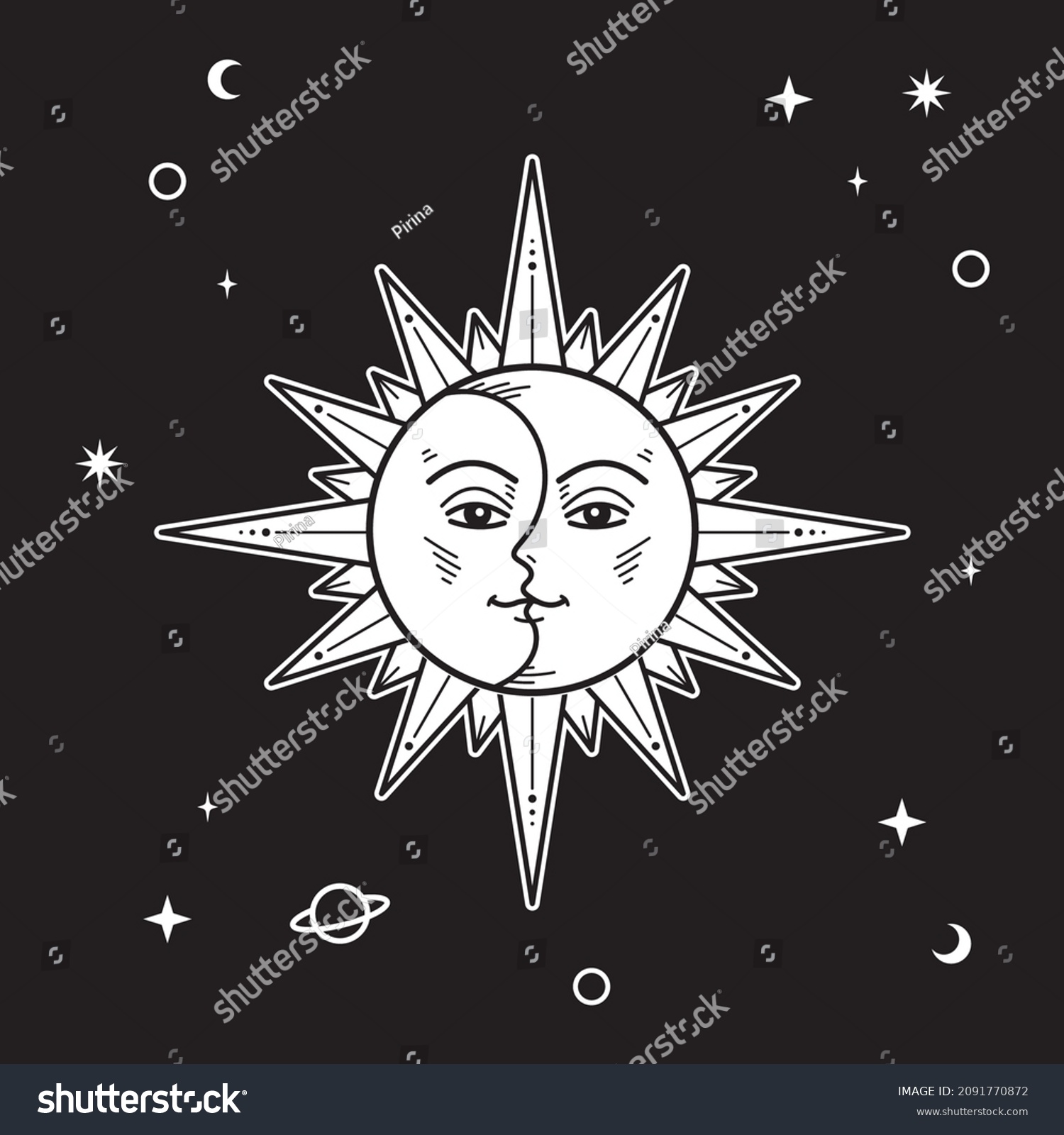 星占いの太陽月タロットカード 白黒の晴れた顔 タトゥー ベクターイラスト 背景にデザイン のベクター画像素材 ロイヤリティフリー Shutterstock