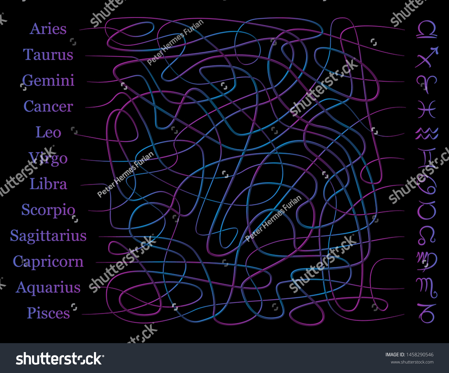 Stock Vector Astrology Symbols Maze Sign Of The Zodiac Labyrinth Find The Right Way Of The Tangled Mystical 1458290546 