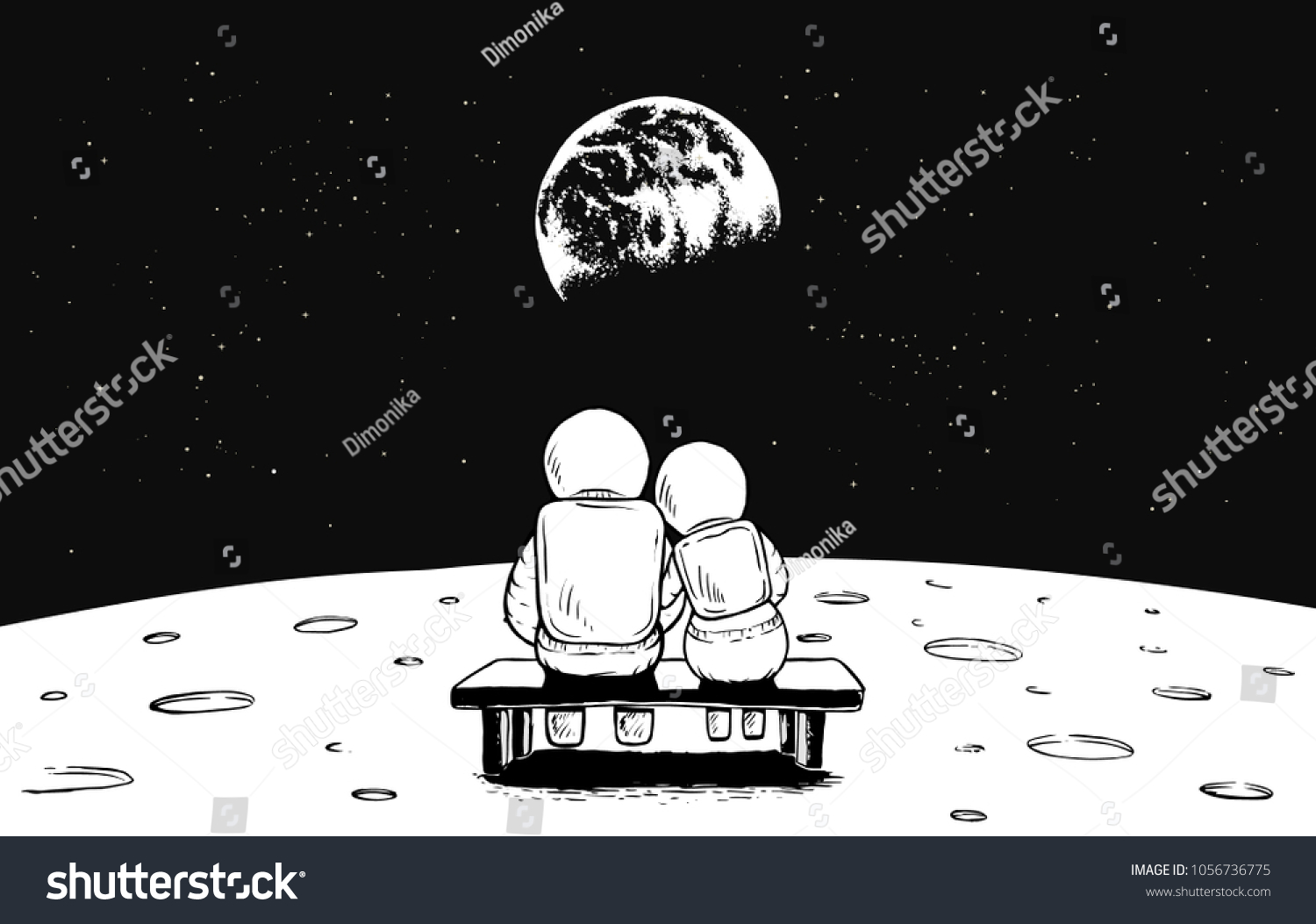 宇宙飛行士の少女と少年が月から地球を見ます 宇宙のベクターイラスト のベクター画像素材 ロイヤリティフリー
