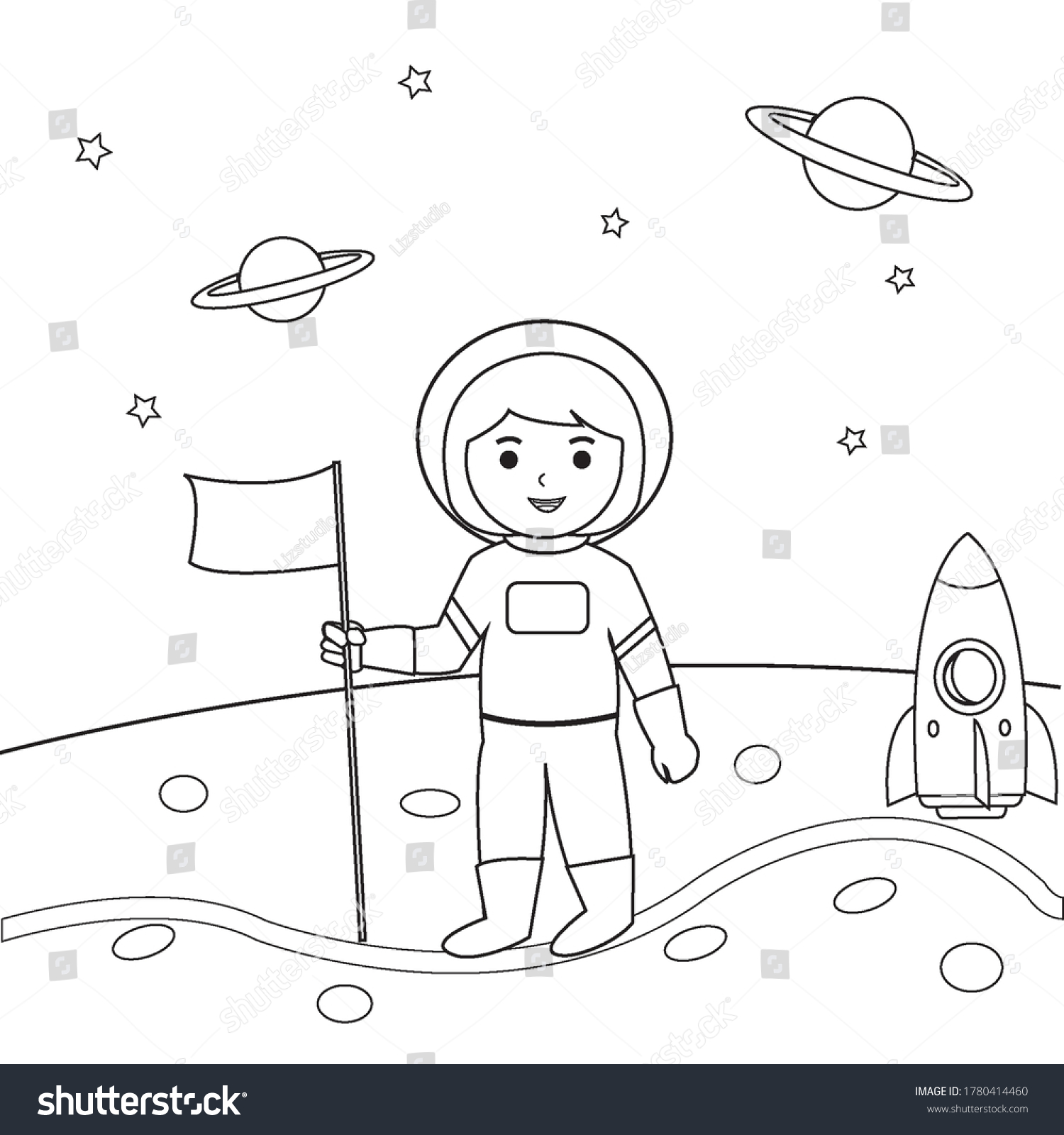 Astronaut Girl Space Outline Coloring Book Stock Vector (Royalty Free ...