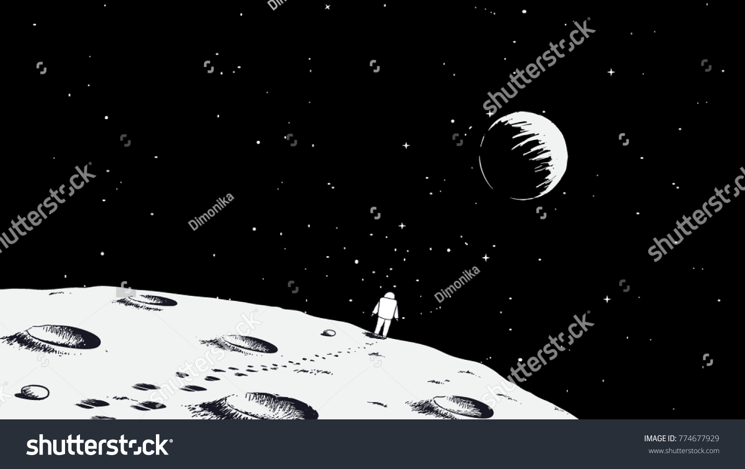 Astronaut Walking On Moonearth Visible Far Stock Vector Royalty Free