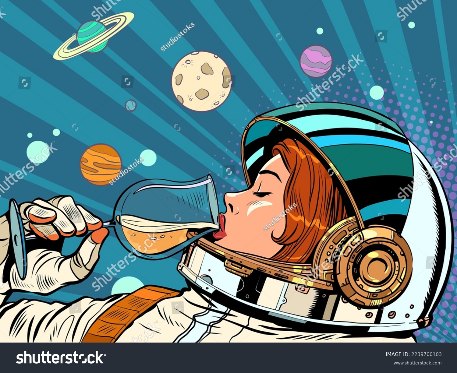 SVG of Astronaut woman drinks a glass of wine. Alcoholic party, new year holiday. Pop art retro vector illustration 50s 60s vintage kitsch style svg