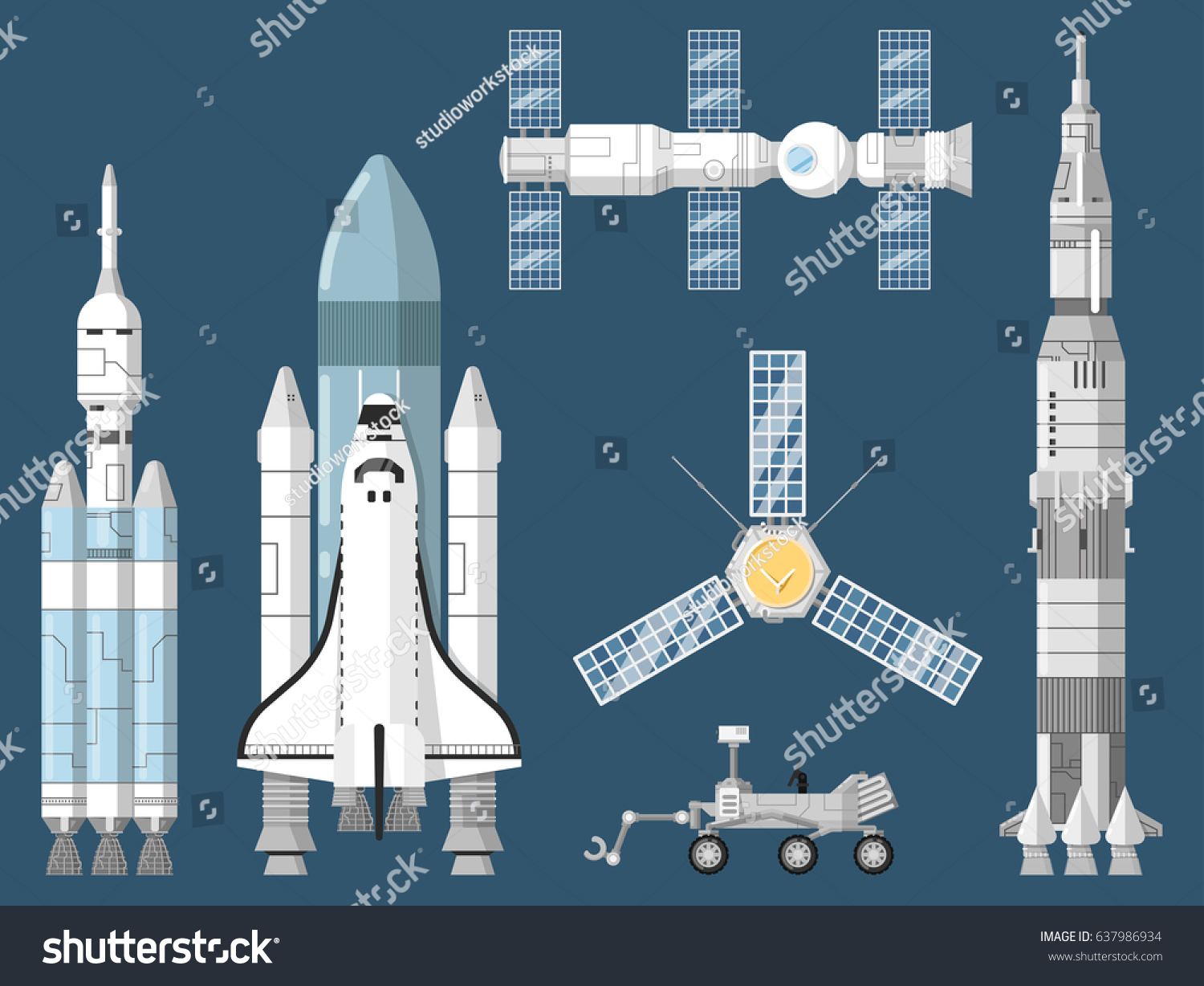 宇宙飛行士と宇宙技術セット スペースシャトル 宇宙ロケット 宇宙船 軌道衛星 火星探査機 宇宙ステーションのベクターイラスト フラットデザインの宇宙船コレクション のベクター画像素材 ロイヤリティフリー